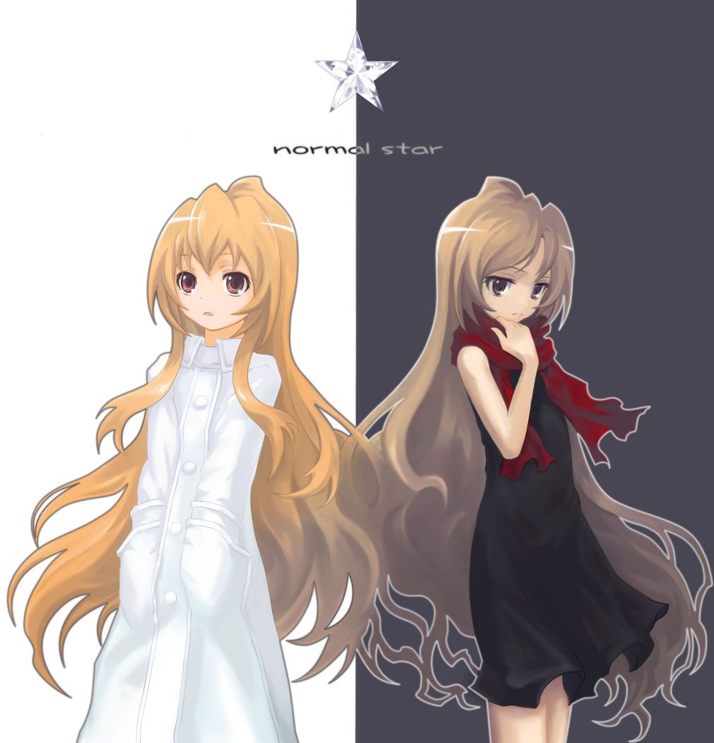 mzd421, aisaka taiga, toradora!, 00s, brown eyes, brown hair, coat, dress, dual persona, long hair, scarf