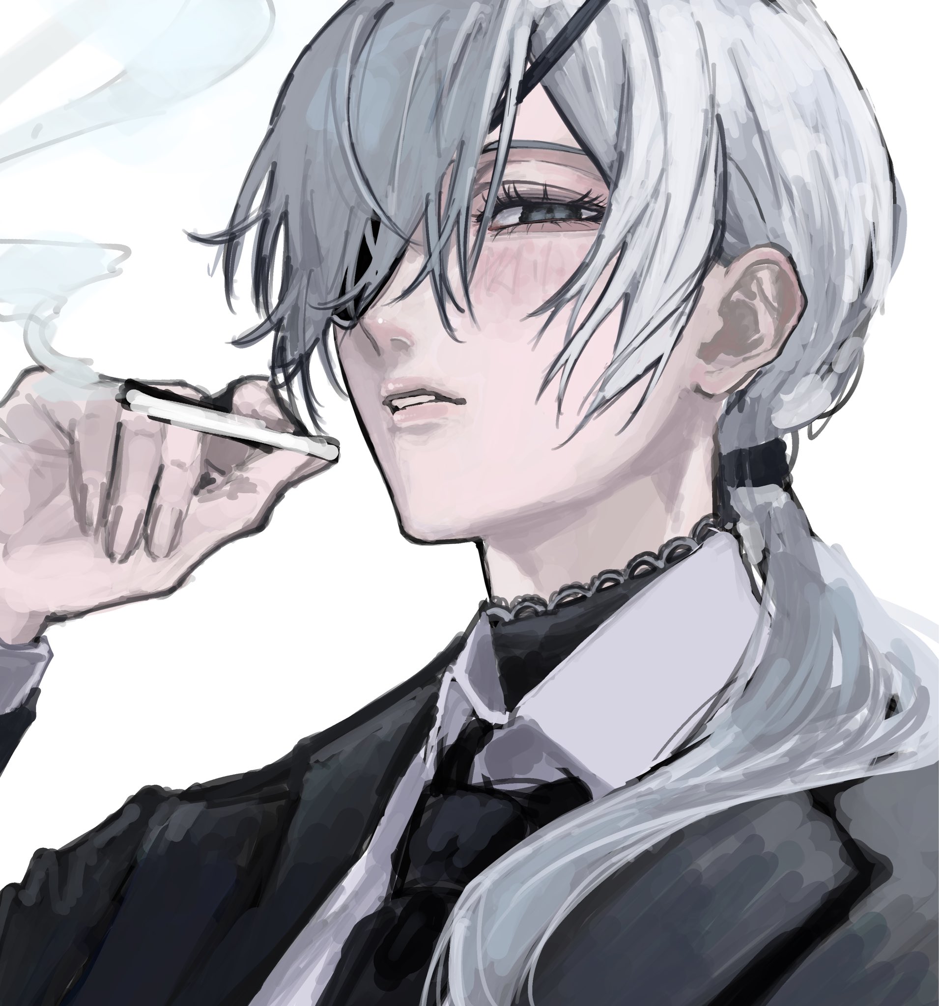 kohaa ku, quanxi (chainsaw man), chainsaw man, highres, 1girl, black choker, black jacket, black necktie, business suit, choker, cigarette, eyepatch, formal clothes, grey hair, holding, holding cigarette, jacket, lace-trimmed choker, lace trim, long hair, looking at viewer, necktie, parted lips, ponytail, shirt tucked in, simple background, smoke, smoking, solo, suit, suit jacket, white background