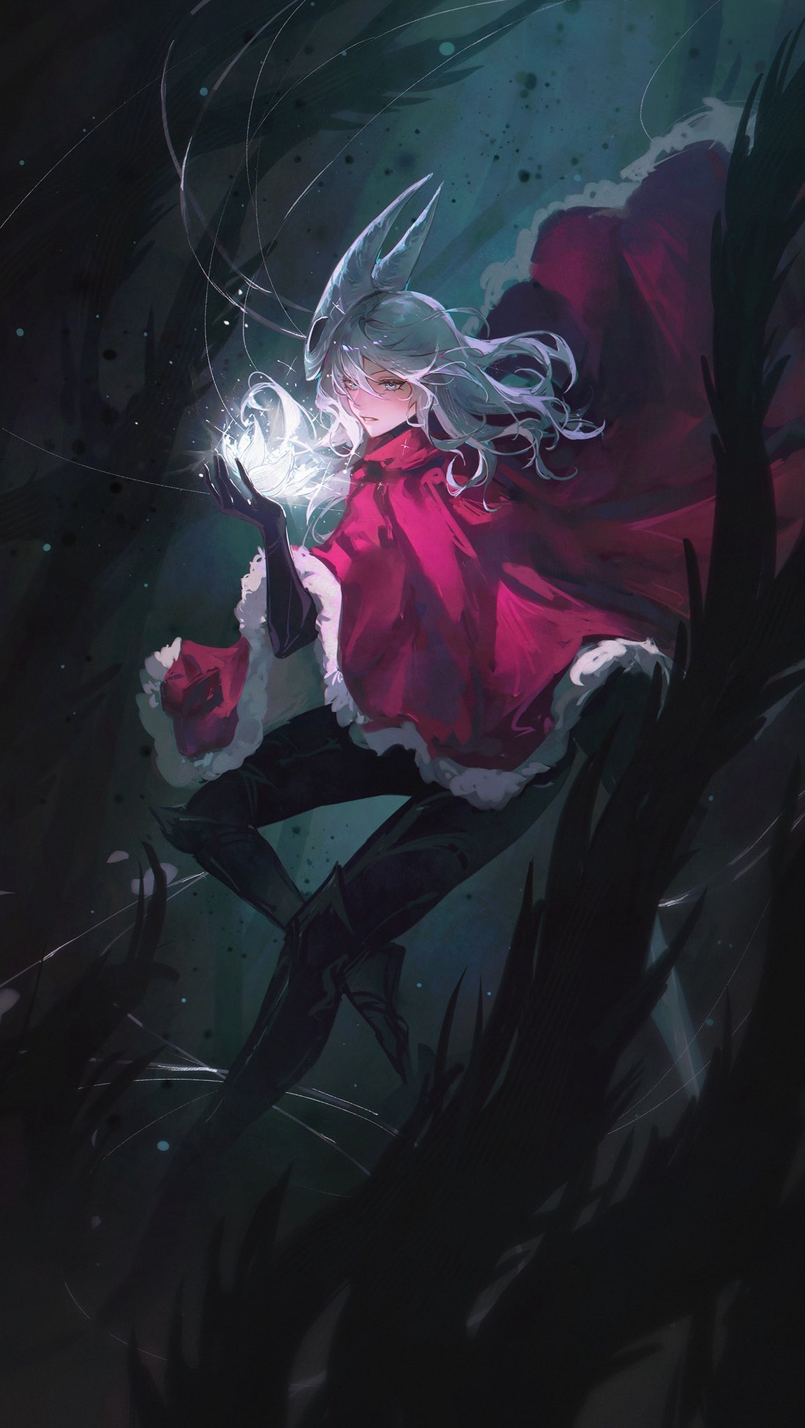 zieru, hornet (hollow knight), hollow knight, hollow knight: silksong, highres, 1girl, black bodysuit, bodysuit, cloak, flower, fur-trimmed cloak, fur trim, glowing, glowing flower, grey eyes, horned mask, humanization, long hair, mask, mask on head, parted lips, red cloak, solo, white flower, white hair, white mask