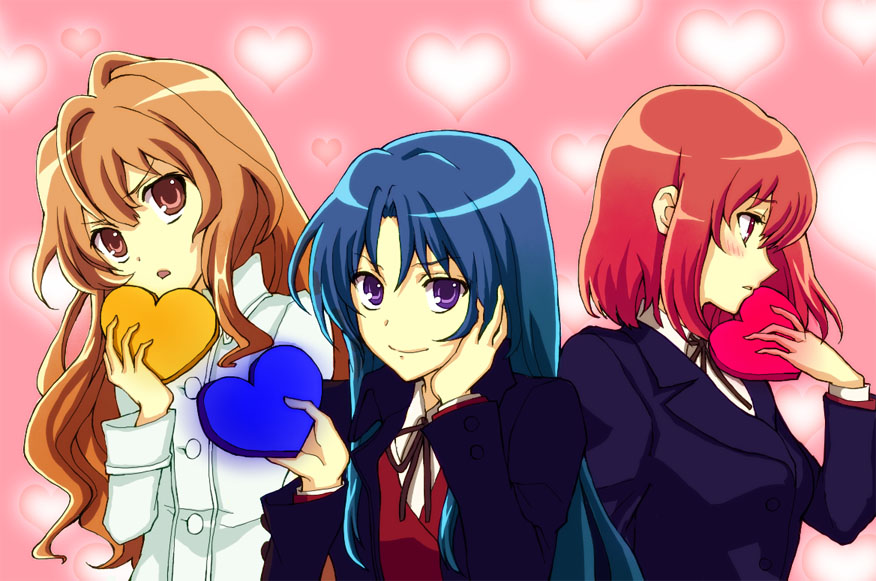 kafka, aisaka taiga, kawashima ami, kushieda minori, toradora!, 00s, 3girls, blue hair, brown eyes, brown hair, coat, heart, long hair, multiple girls, purple eyes, red hair, school uniform, short hair