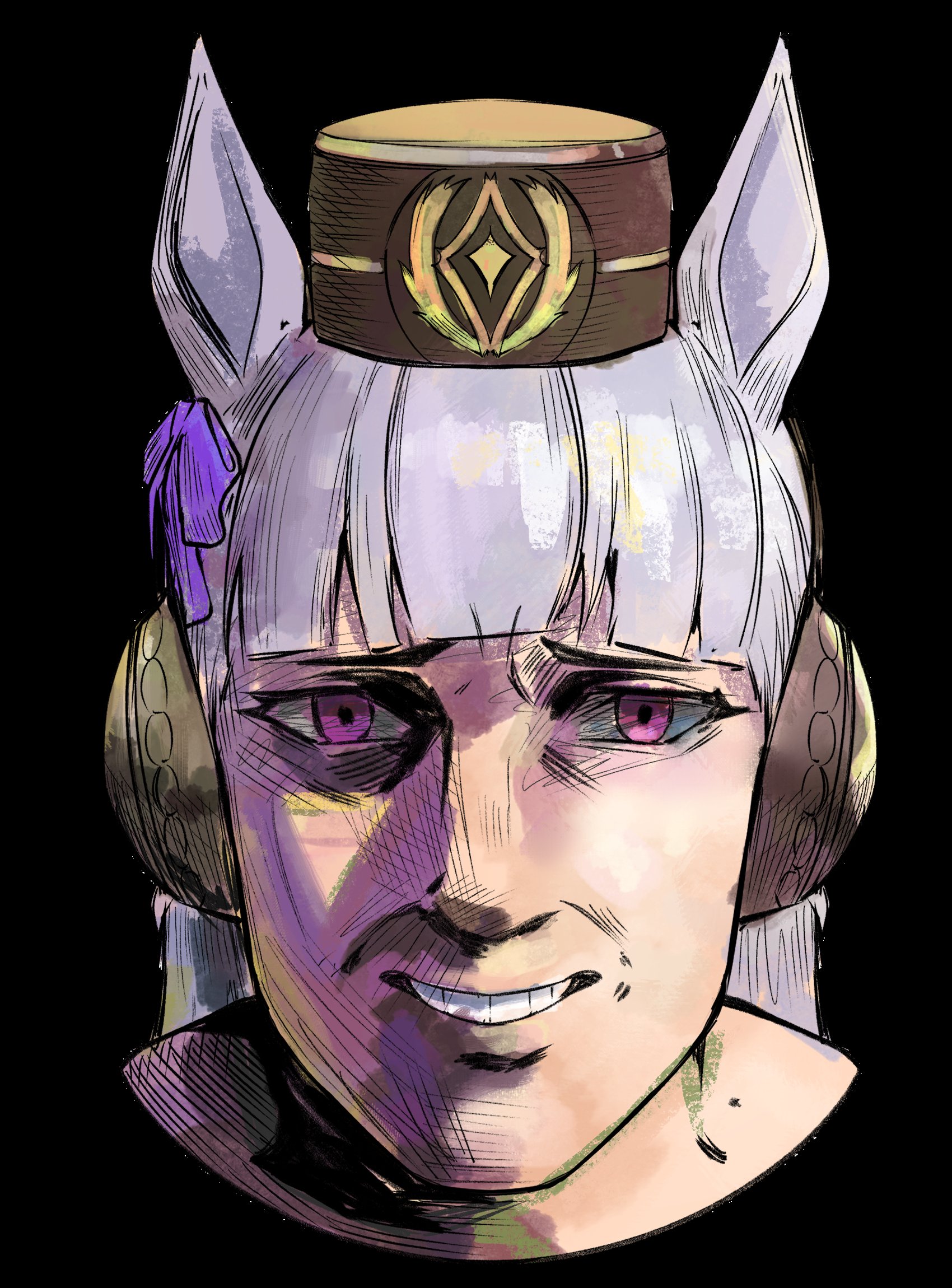 gold ship (umamusume), umamusume, commentary, highres, parody request, 1girl, agni face (meme), animal ears, black background, bow, brown hat, cropped shoulders, ear bow, ear covers, gabu gabugabuga, grey hair, hat, horse ears, looking at viewer, man face, meme, mini hat, portrait, purple bow, purple eyes, simple background, solo