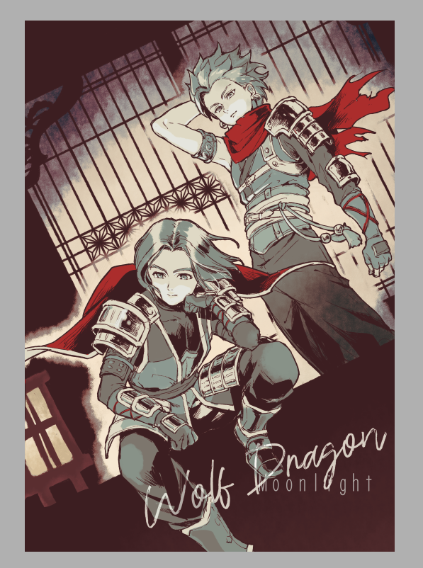 dq nikiri, camus (dq11), hero (dq11), dragon quest, dragon quest xi, 2boys, arm behind head, armlet, armor, boots, cape, earrings, feet out of frame, grey boots, head on hand, hoop earrings, jewelry, male focus, medium hair, monochrome, multiple boys, parted bangs, red cape, red scarf, scarf, shoulder armor, single shoulder pad, single sleeve, sitting, spiked hair, spot color, standing, tassel