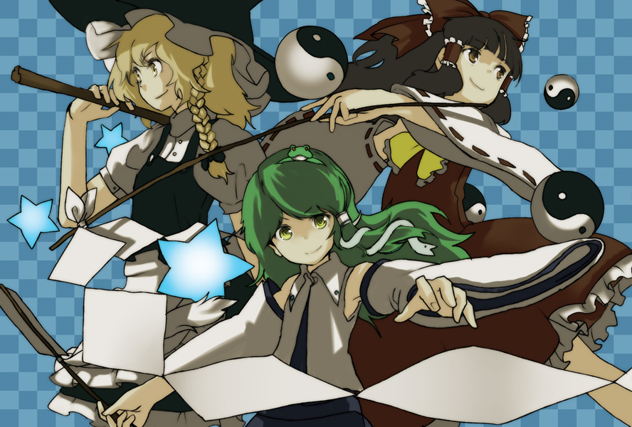 suzuki ritsu, hakurei reimu, kirisame marisa, kochiya sanae, touhou, 3girls, female focus, multiple girls, star (symbol)