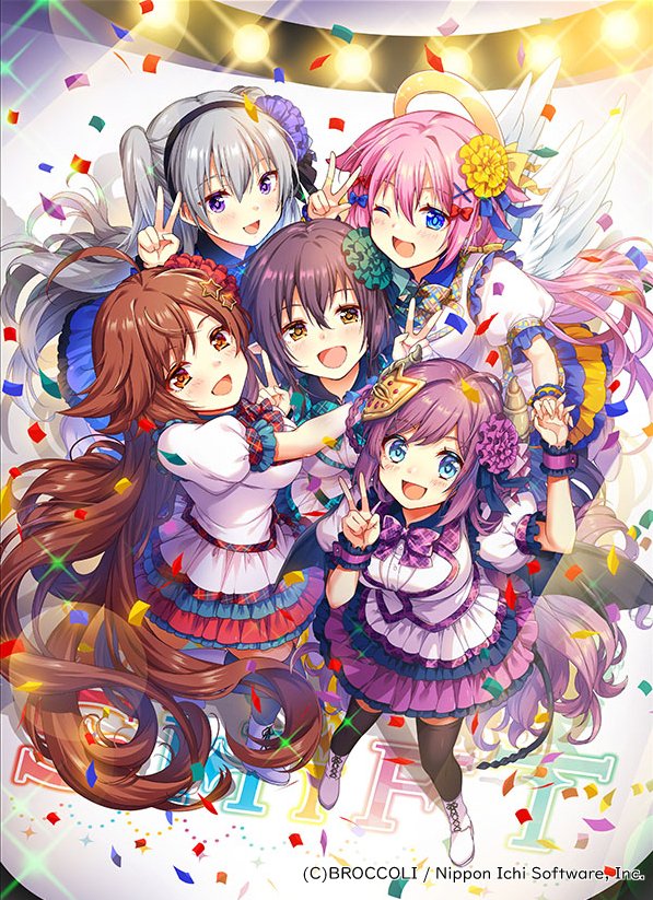 takase kou, z/x, official art, 5girls, ahoge, black hair, black hairband, black thighhighs, blue bow, blue eyes, bow, braid, braided hair rings, brown eyes, brown hair, brown horns, confetti, copyright notice, demon girl, demon horns, demon tail, demon wings, double v, feathered wings, flower, frilled wrist cuffs, frills, from above, grey hair, hair between eyes, hair bow, hair flower, hair ornament, hair rings, hairband, hairpin, halo, holding hands, horns, idol clothes, interlocked fingers, long hair, marie (z/x), multiple girls, nu (z/x), one eye closed, open mouth, pecteilis, pink hair, pointy ears, prism (z/x), purple eyes, red bow, shoes, smile, sparkle, spotlight, star (symbol), star hair ornament, tail, thighhighs, traditional halo, twintails, ugly (z/x), v, very long hair, white shoes, white wings, wings, wrist cuffs, yellow eyes