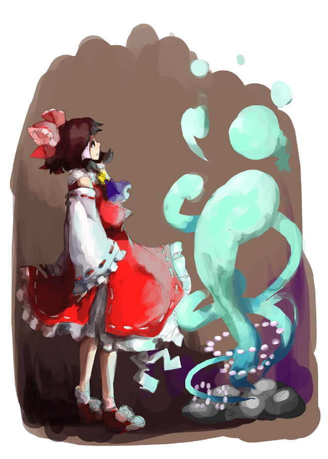 kasa (hitori sanka), hakurei reimu, subterranean animism, touhou, 1girl, ascot, bare shoulders, bow, brown hair, detached sleeves, female focus, full body, hair bow, japanese clothes, miko, purple ascot, ribbon-trimmed skirt, ribbon trim, solo