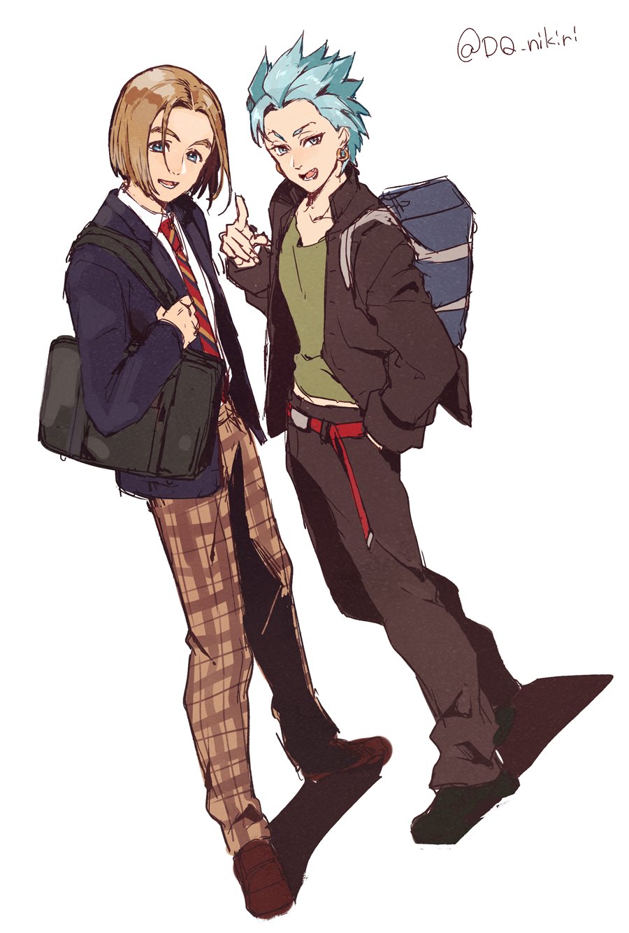 dq nikiri, camus (dq11), hero (dq11), dragon quest, dragon quest xi, highres, 2boys, aqua hair, bag, belt, black jacket, black pants, black shoes, blue jacket, brown hair, brown pants, brown shoes, collared shirt, earrings, full body, gakuran, green shirt, hand in pocket, hoop earrings, jacket, jewelry, male focus, midriff peek, multiple boys, necktie, open mouth, pants, parted bangs, plaid clothes, plaid pants, pointing, pointing at viewer, red belt, red necktie, school uniform, shirt, shoes, short hair, shoulder bag, smile, striped necktie, suit jacket, twitter username, white background, white shirt