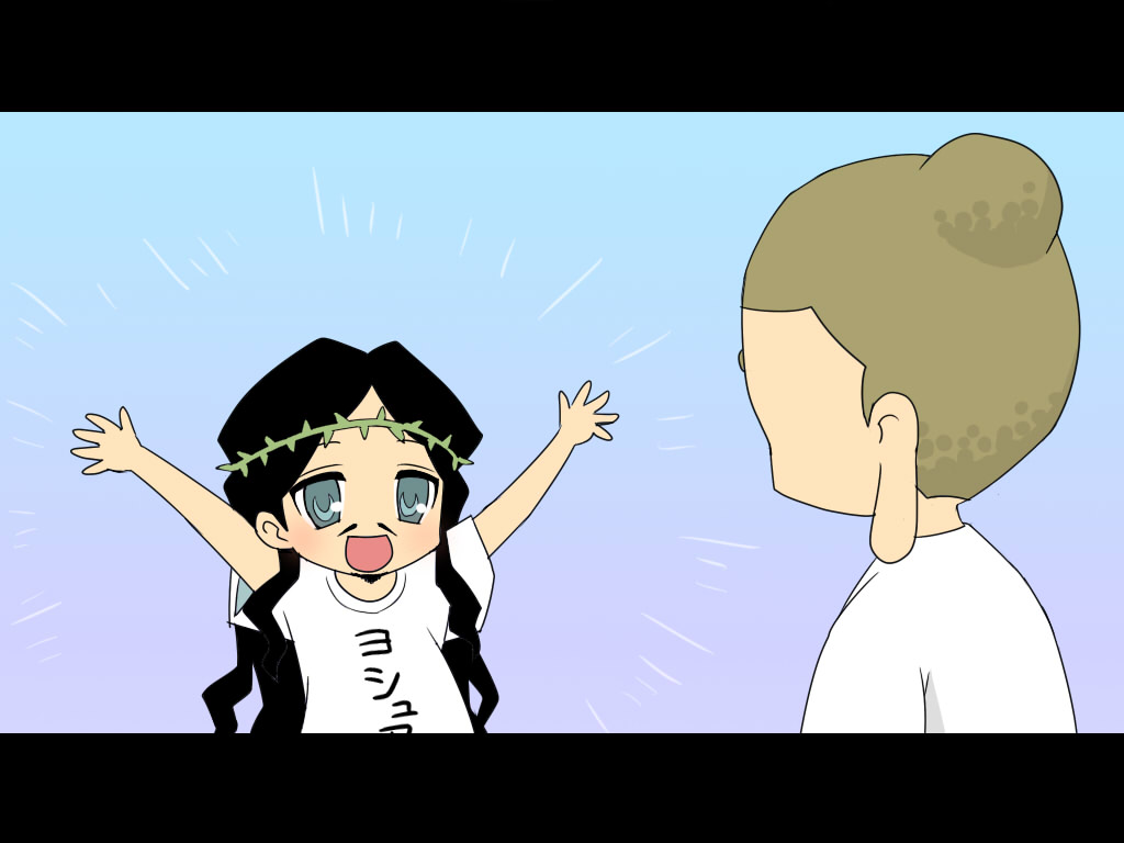 buddha, buddha (saint onii-san), jesus, jesus (saint onii-san), jesus christ, lucky star, saint onii-san, 2boys, letterboxed, long earlobes, meme, multiple boys, paffendorf, parody