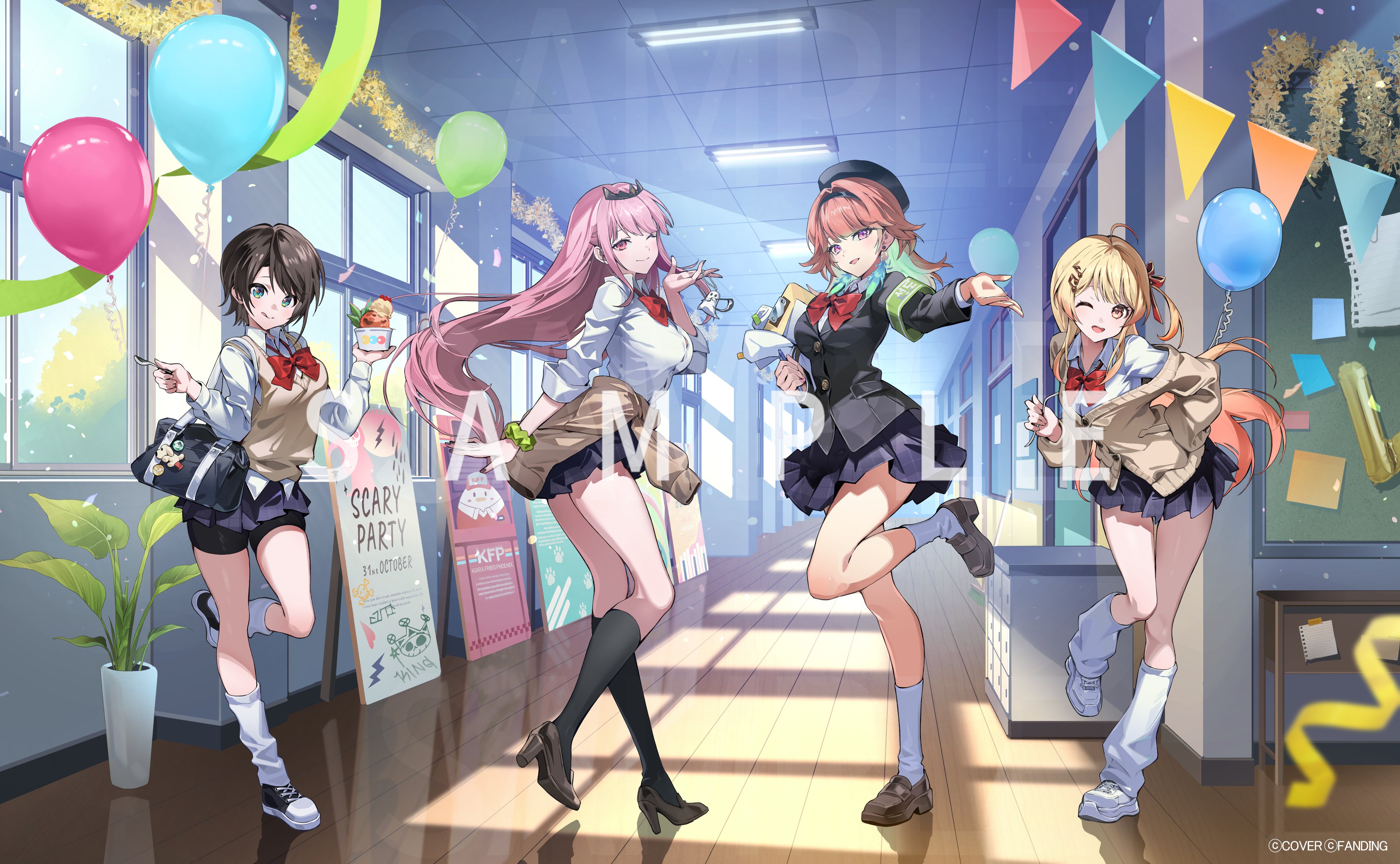 qure (qxfixh), mori calliope, oozora subaru, otonose kanade, takanashi kiara, hololive, hololive dev is, hololive english, absurdres, highres, official art, 4girls, bag, bike shorts under skirt, black hair, black shoes, black socks, blonde hair, bow, bowtie, brown shoes, closed mouth, clothes around waist, full body, high heels, holding, holding pen, holding spoon, kneehighs, loafers, long hair, long sleeves, looking at viewer, multiple girls, open mouth, orange hair, pen, pink hair, red bow, red bowtie, sample watermark, school bag, school uniform, scrunchie, shirt, shoes, short hair, skirt, smile, socks, spoon, standing, standing on one leg, tongue, tongue out, virtual youtuber, watermark, white shirt, white shoes, white socks, wrist scrunchie