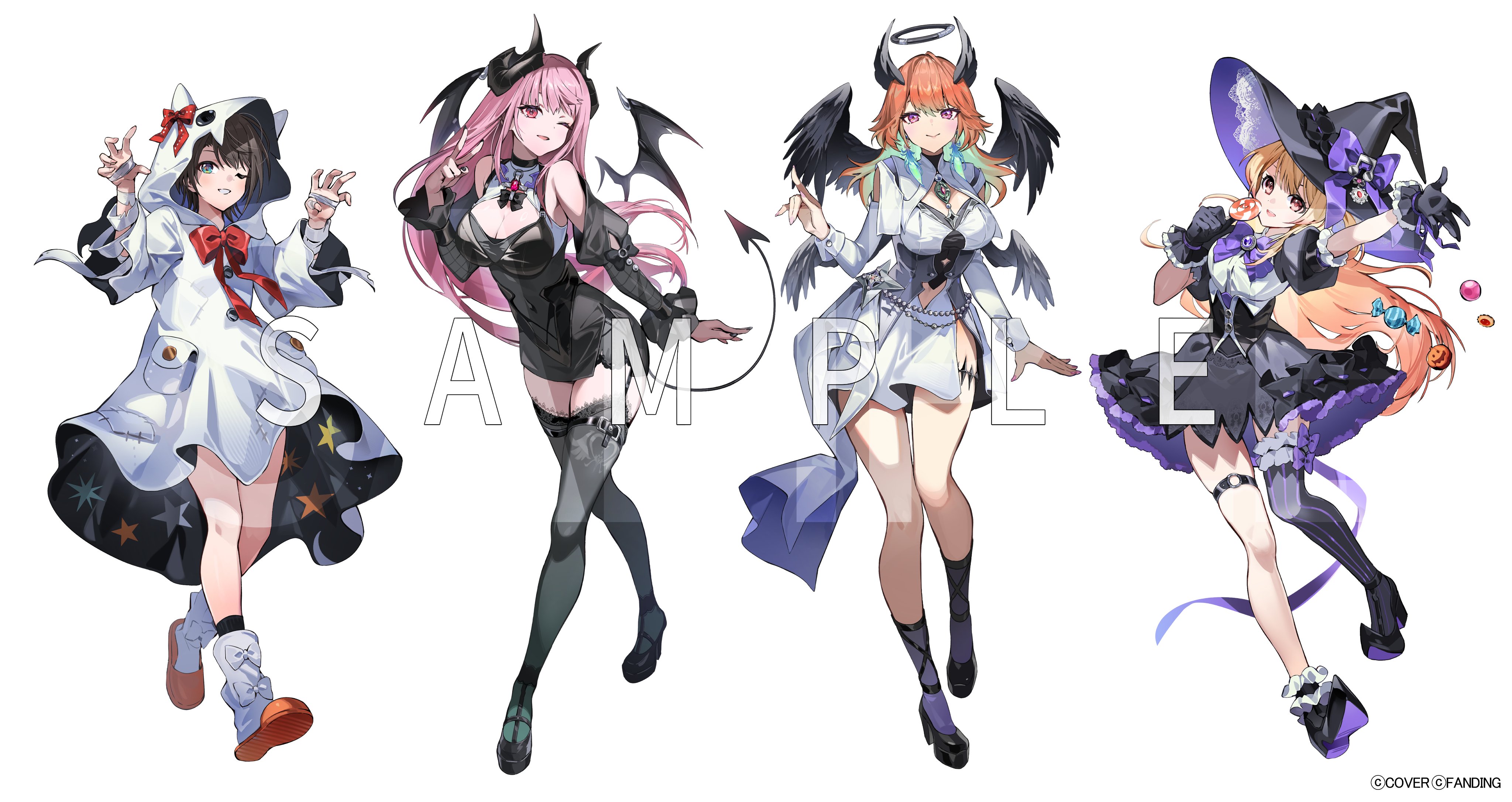 qure (qxfixh), mori calliope, oozora subaru, otonose kanade, takanashi kiara, hololive, hololive dev is, hololive english, absurdres, highres, 4girls, asymmetrical legwear, black dress, black hair, black hat, black shoes, black socks, black thighhighs, black wings, blonde hair, breasts, cleavage, closed mouth, demon horns, demon tail, demon wings, dress, feathered wings, full body, halo, hat, high heels, horns, kneehighs, large breasts, long hair, long sleeves, looking at viewer, multiple girls, multiple wings, o-ring, o-ring thigh strap, open mouth, orange hair, pink hair, purple eyes, purple socks, sample watermark, shoes, short hair, simple background, smile, socks, standing, striped clothes, striped thighhighs, tail, thigh strap, thighhighs, uneven legwear, virtual youtuber, watermark, white background, white dress, white socks, wings, witch hat