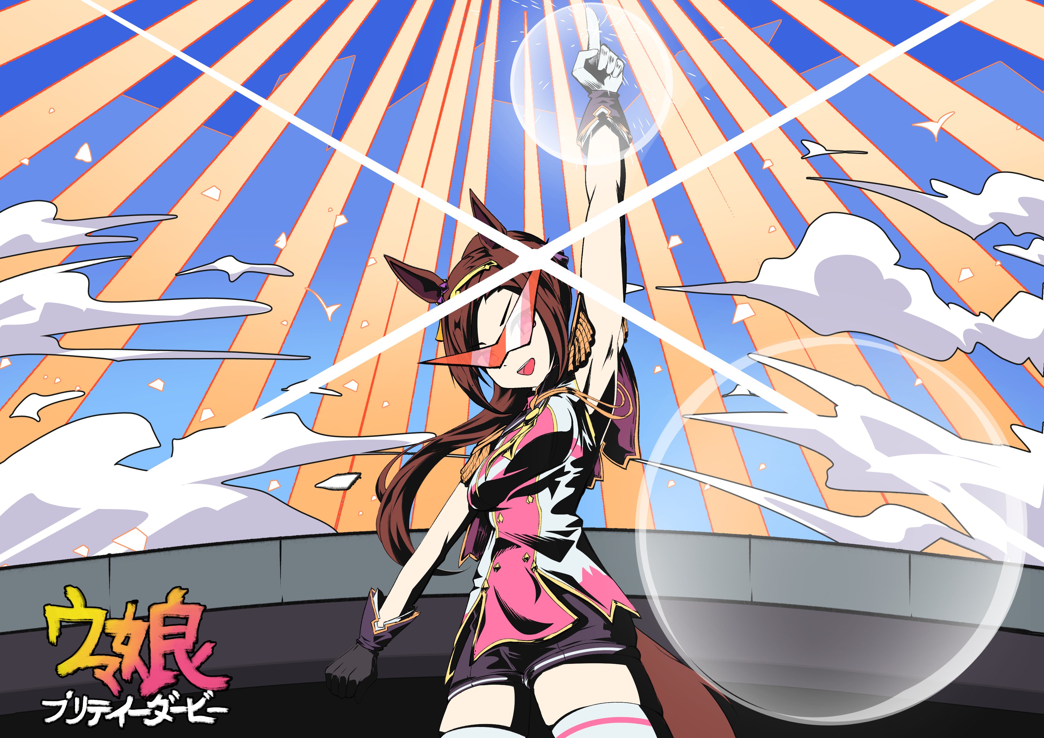sakura bakushin o (blossom in learning) (umamusume), sakura bakushin o (umamusume), umamusume, absurdres, commentary, hashtag-only commentary, highres, 1girl, :d, animal ears, arm up, armpits, asymmetrical gloves, black gloves, black shorts, breasts, brown hair, dress, epaulettes, gabu gabugabuga, gloves, horse ears, horse girl, horse tail, kamina shades, long hair, looking at viewer, medium breasts, mismatched gloves, open mouth, pink dress, pointing, ponytail, red-tinted eyewear, shorts, sleeveless, sleeveless dress, smile, solo, standing, tail, thighhighs, tinted eyewear, triangular eyewear, ttgl eyecatch, very long hair, white gloves, white thighhighs