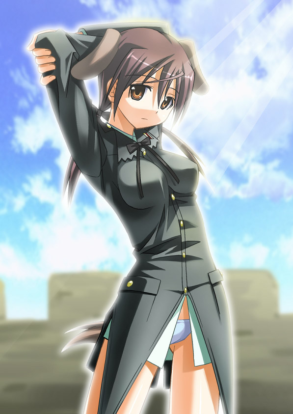 umekichi, gertrud barkhorn, strike witches, world witches series, 00s, 1girl, arms up, blue sky, breasts, brown eyes, brown hair, cloud, contrapposto, cowboy shot, day, female focus, long sleeves, looking at viewer, medium breasts, military, military uniform, sky, solo, standing, stretching