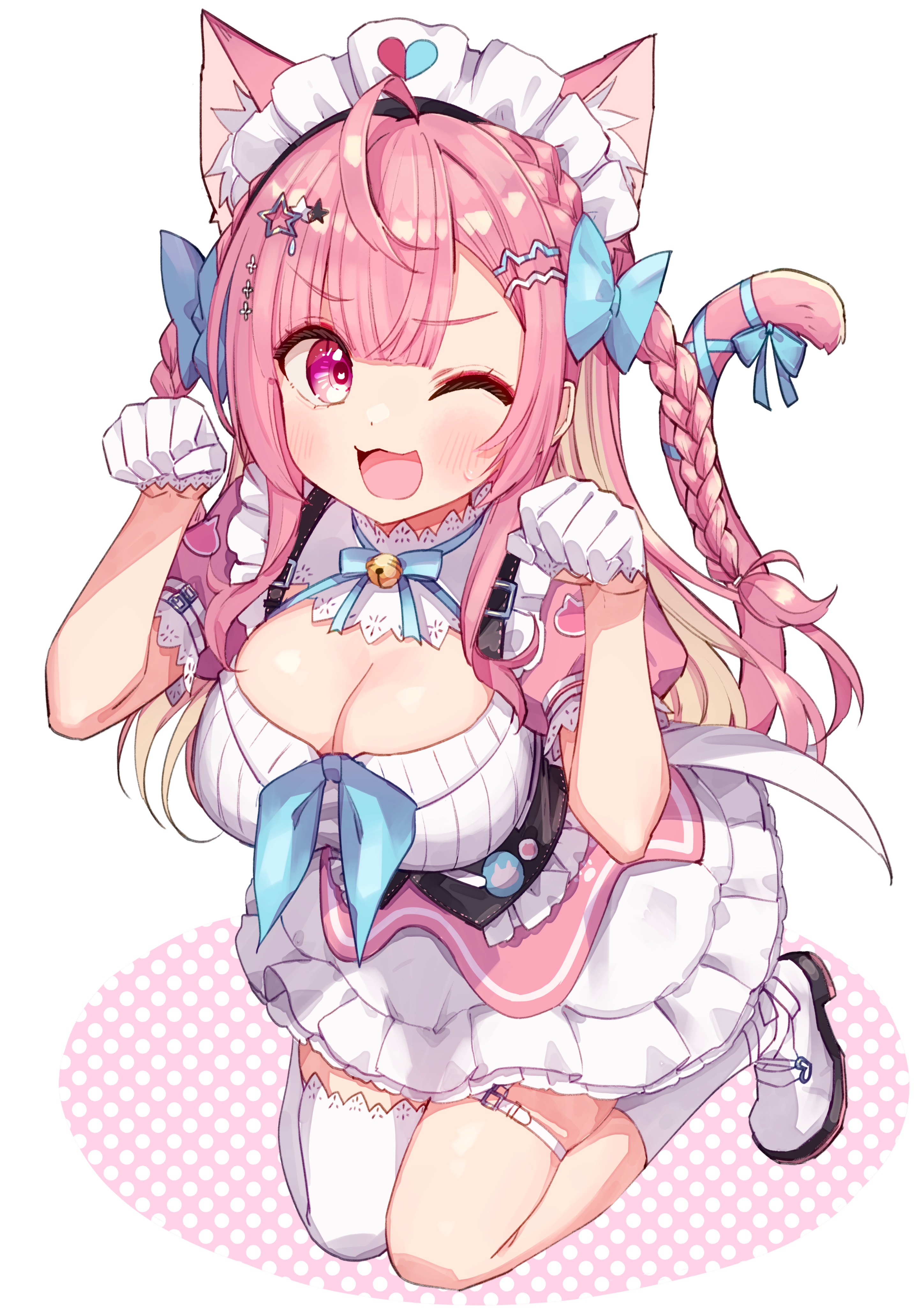 nanado shion, yuuki sakuna, indie virtual youtuber, absurdres, highres, 1girl, ahoge, animal ears, animal print, bell, belt, blue bow, blue ribbon, blush, bow, breasts, cat ears, cat girl, cat hair ornament, cat print, cat tail, dress, extra ears, gloves, hair bow, hair ornament, hairclip, jingle bell, large breasts, long hair, looking at viewer, maid, maid headdress, neck bell, neck ribbon, one eye closed, open mouth, paw pose, pink dress, pink eyes, pink hair, pink tail, ribbon, shoes, short sleeves, single thighhigh, smile, solo, star (symbol), star hair ornament, suspenders, tail, tail ornament, tail ribbon, thighhighs, thighs, two side up, underbust, virtual youtuber, white background, white belt, white dress, white gloves, white shoes, white thighhighs