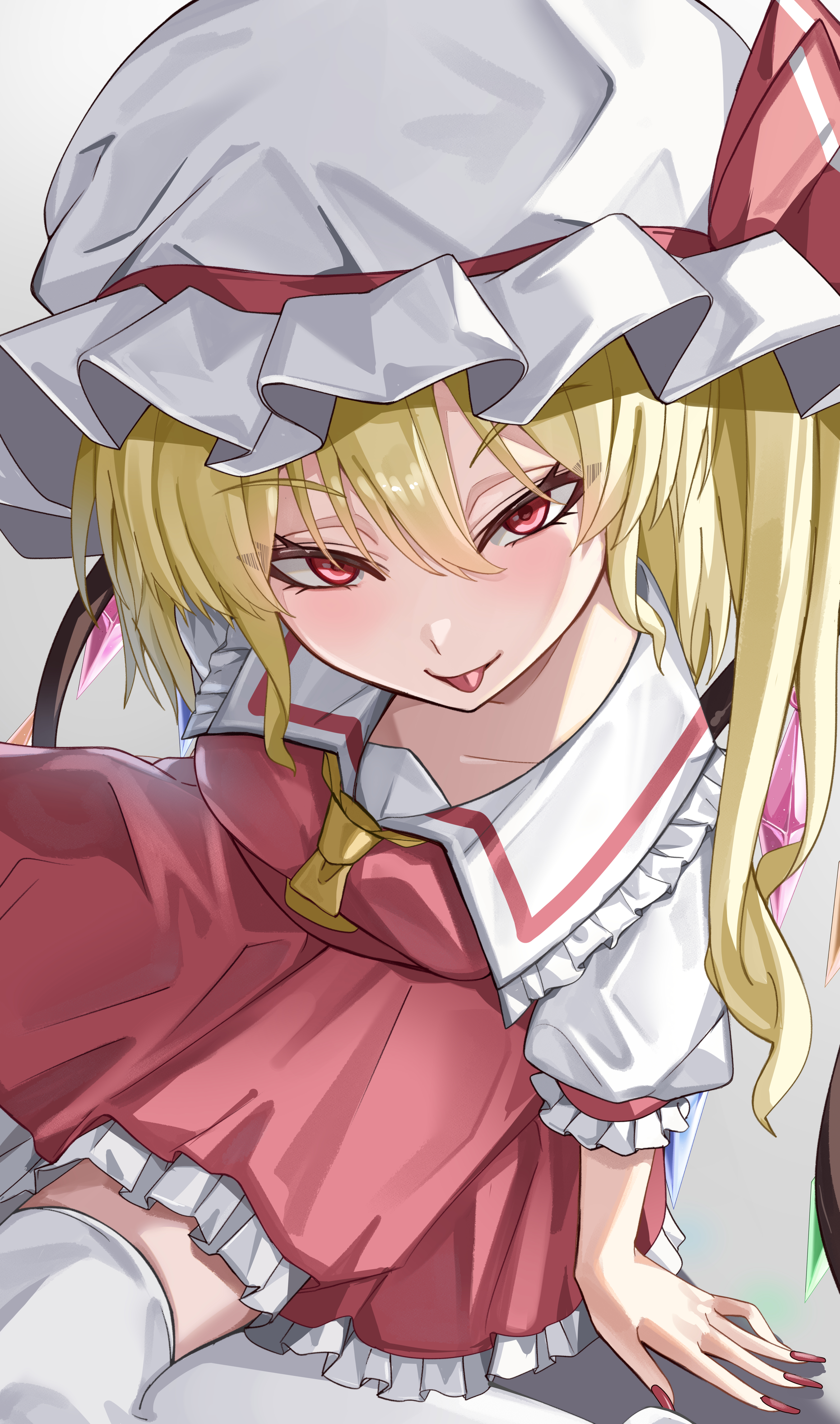 mahoro (minase mahoro), flandre scarlet, touhou, absurdres, highres, 1girl, :p, blonde hair, blush, crystal wings, from above, hair between eyes, half-closed eyes, hat, hat ribbon, looking at viewer, looking up, medium hair, miniskirt, red eyes, red nails, red ribbon, red skirt, red vest, ribbon, short hair with long locks, side ponytail, sitting, skirt, solo, thighhighs, tongue, tongue out, vest, wings