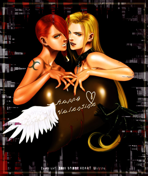 wolfina, lucia (devil may cry), trish (devil may cry), capcom, devil may cry, devil may cry (series), devil may cry 2, 00s, 2girls, angel wings, blonde hair, blue eyes, candy, chocolate, chocolate heart, choker, cross, dark-skinned female, dark skin, food, hair over one eye, happy valentine, heart, holding hands, interlocked fingers, lips, lipstick, long hair, makeup, multiple girls, nail polish, nose, nude, red hair, short hair, silver lips, tattoo, wings