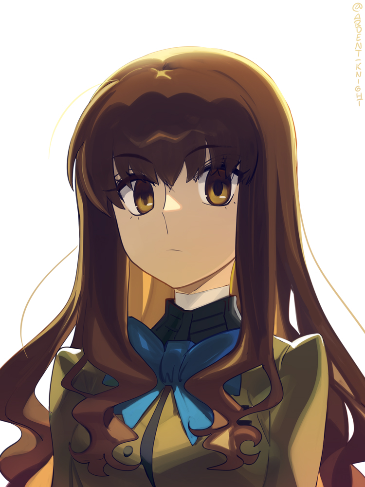 boa (brianoa), kishinami hakuno (female), fate/extra, fate (series), commentary, english commentary, 1girl, blue bow, blue bowtie, bow, bowtie, breasts, brown eyes, brown hair, brown jacket, closed mouth, expressionless, hair between eyes, jacket, long hair, long sleeves, looking at viewer, sidelocks, simple background, small breasts, solo, tsukumihara academy uniform (fate/extra), upper body, white background