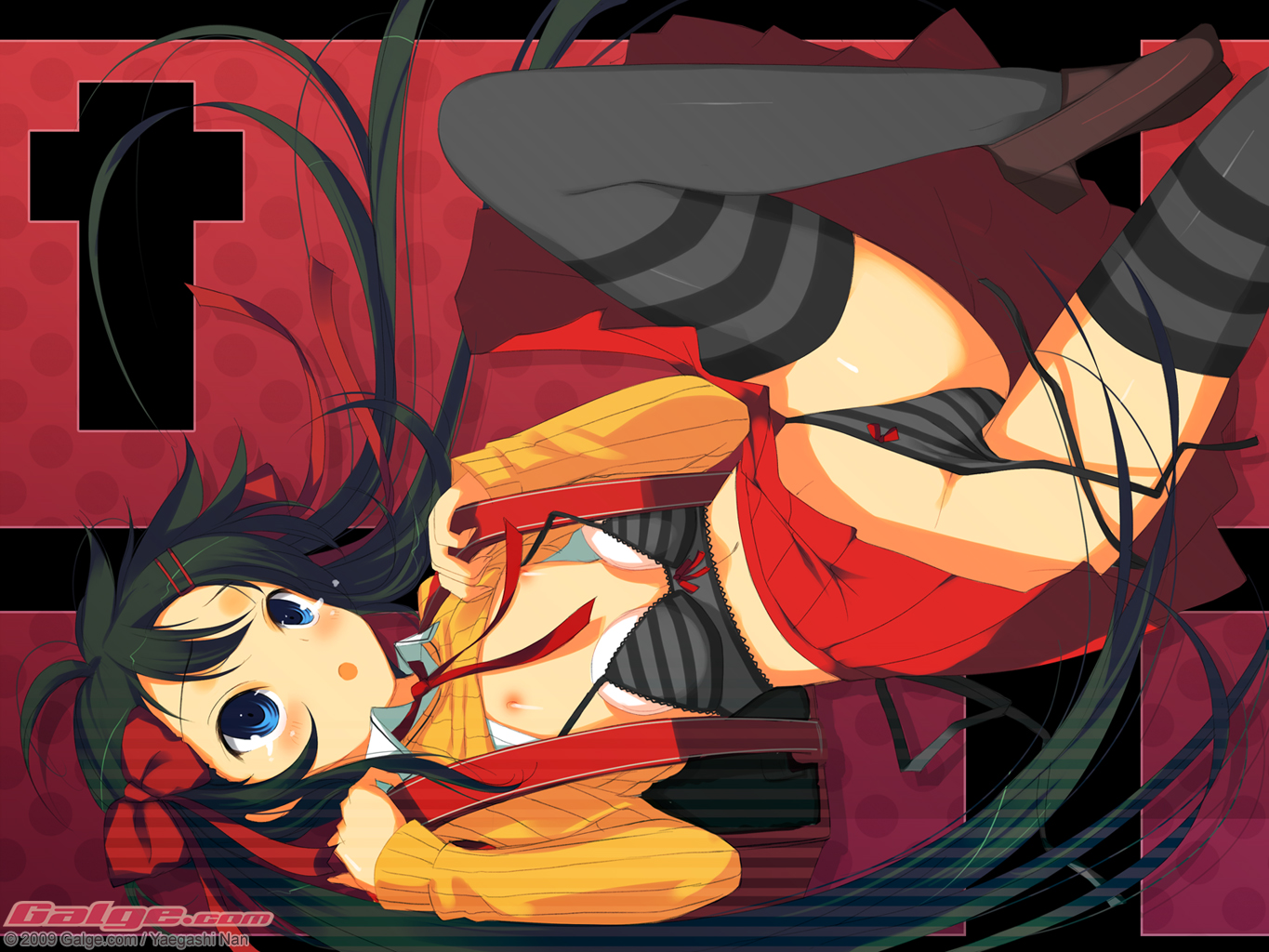 yaegashi nan, galge.com, 1girl, 2009, black hair, black thighhighs, blue eyes, bra, breast padding, breasts, female focus, long hair, medium breasts, nipples, open clothes, open shirt, panties, shirt, side-tie panties, solo, striped bra, striped clothes, striped panties, striped thighhighs, thighhighs, underwear, watermark