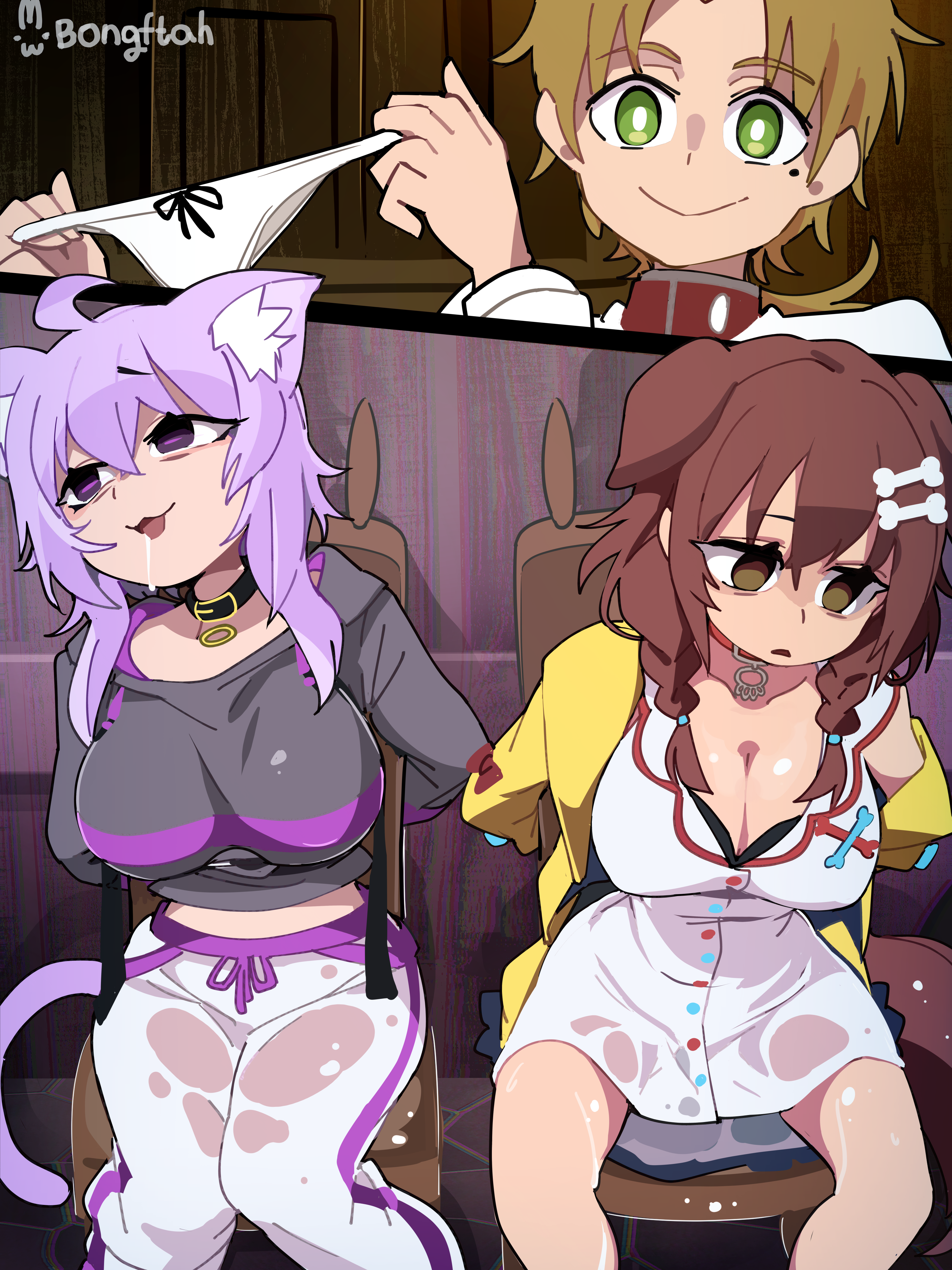 bongftah, inugami korone, inugami korone (1st costume), nekomata okayu, nekomata okayu (1st costume), rudeus greyrat, hololive, mushoku tensei, absurdres, commentary, highres, symbol-only commentary, 1boy, 2girls, :3, ahoge, animal ear fluff, animal ears, artist name, bags under eyes, bare legs, black collar, black hoodie, blue bow, bone hair ornament, bound, bound wrists, bow, bow panties, braid, breasts, bright pupils, brown bow, brown hair, brown tail, cat ears, cat girl, cat tail, chair, cleavage, collar, collarbone, crossover, dog ears, dog girl, dog tail, dress, empty eyes, green eyes, hair between eyes, hair ornament, hairclip, holding, holding panties, holding underwear, holding unworn clothes, hood, hoodie, jacket, large breasts, long sleeves, low twin braids, midriff, mole, mole under eye, multiple girls, panties, pants, parted bangs, parted lips, peeing, peeing self, pendant choker, purple hair, purple tail, red collar, saliva, scene reference, shirt, short dress, sidelocks, single off shoulder, sleeve bow, smile, tail, tied to chair, track pants, twin braids, underwear, virtual youtuber, wet, wet clothes, white dress, white panties, white pants, white pupils, white shirt, yellow jacket