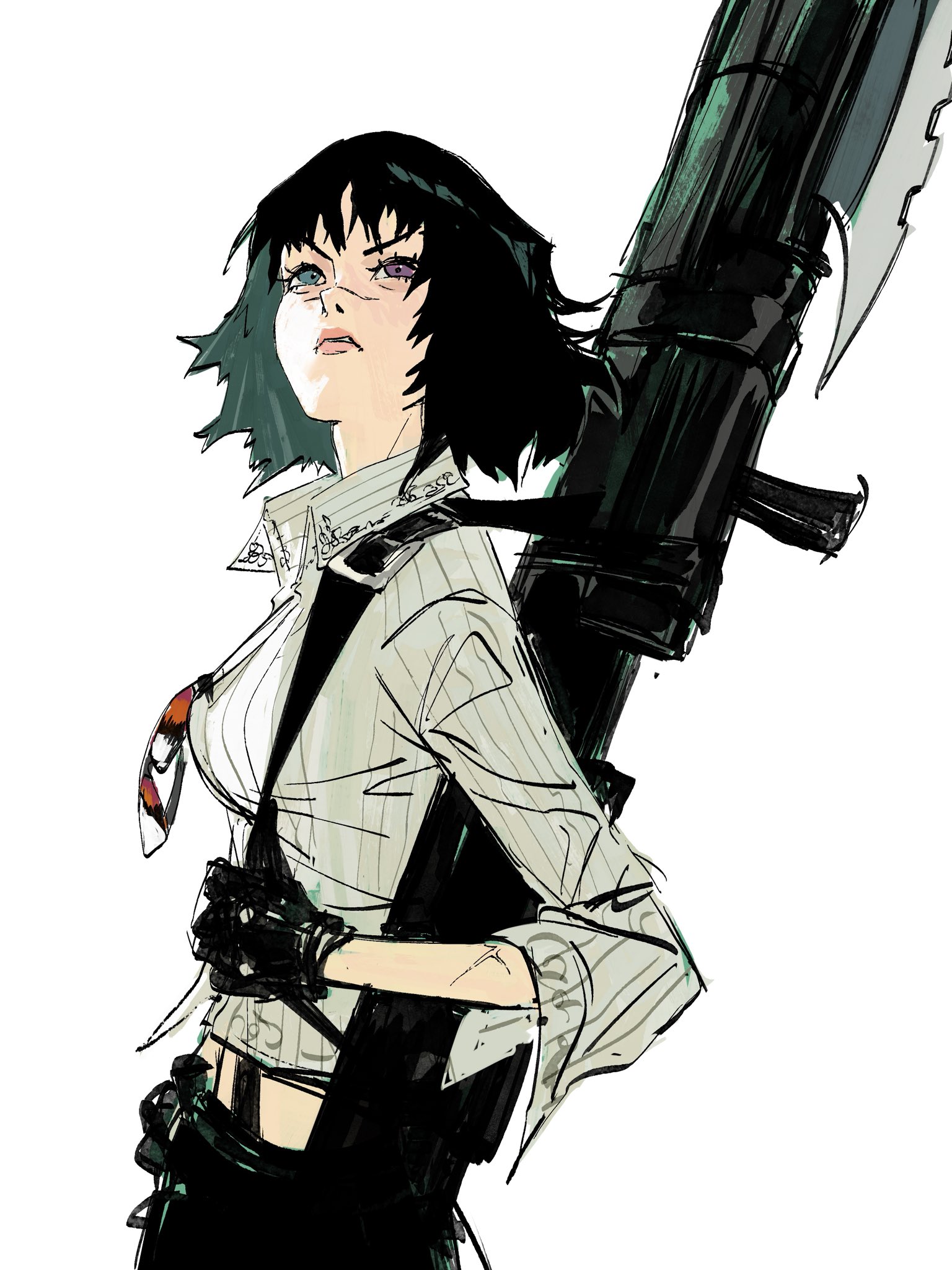 edpan, lady (devil may cry), devil may cry, devil may cry (series), devil may cry 4, highres, 1girl, black gloves, black hair, breasts, clenched teeth, collared shirt, eyewear hang, furrowed brow, gloves, heterochromia, looking up, medium breasts, midriff, parted lips, scar, scar on face, scar on nose, shirt, short hair, solo, striped clothes, striped shirt, sunglasses, teeth, unworn eyewear, weapon, weapon on back, white background, white shirt