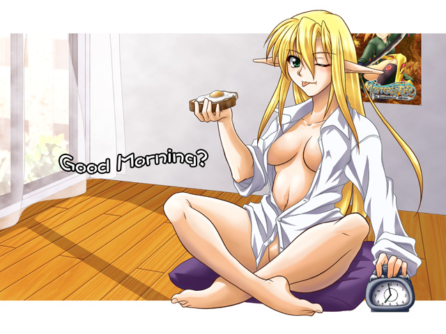 ootsuki wataru, master of epic, original, 00s, 1girl, :p, alarm clock, barefoot, bottomless, breasts, clock, dress shirt, elf, english text, feet, female focus, food, medium breasts, open clothes, open shirt, pointy ears, shirt, sleeves rolled up, solo, tongue, tongue out