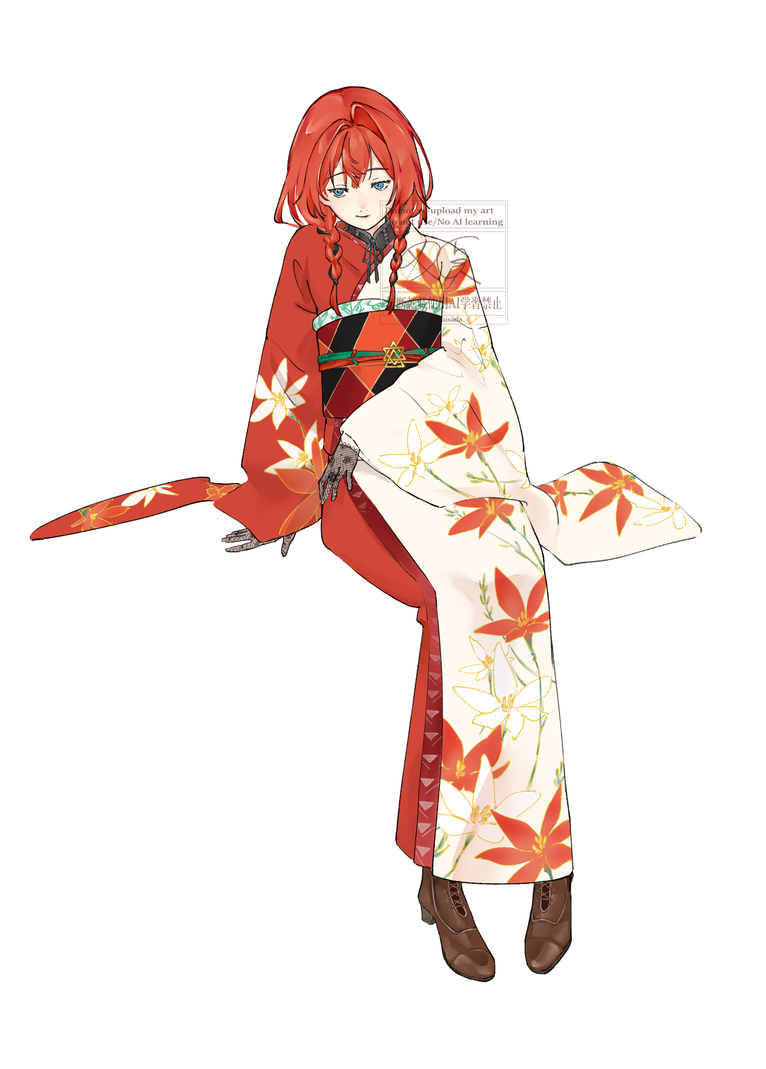 so yasu sada, ange katrina, ange katrina (new year), nijisanji, absurdres, highres, 1girl, arm support, black gloves, black hair, black sash, blue eyes, boots, braid, brown boots, closed mouth, floral print, floral print gloves, floral print kimono, full body, furisode, gloves, hair intakes, hair over shoulder, high heel boots, high heels, invisible chair, japanese clothes, kimono, lace, lace gloves, long hair, long sleeves, looking at viewer, low twin braids, multicolored hair, multicolored sash, obi, obiage, obidome, obijime, orange sash, print kimono, red hair, red kimono, red sash, sash, simple background, sitting, smile, solo, streaked hair, twin braids, two-tone hair, virtual youtuber, watermark, white background, white kimono