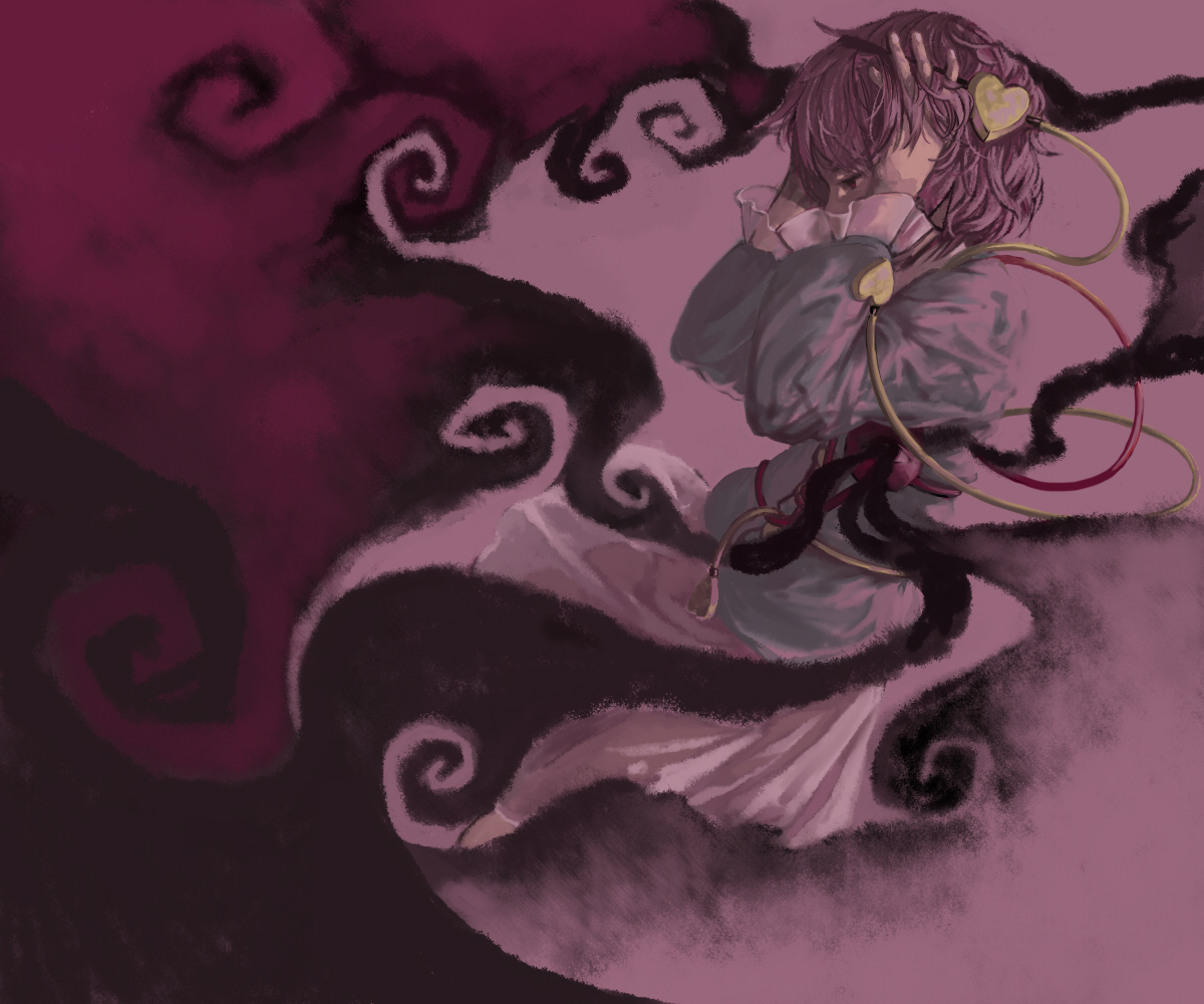 suzuki ritsu, komeiji satori, touhou, 1girl, darkness, female focus, hand in own hair, hands on own head, heart, muted color, purple hair, short hair, solo, third eye