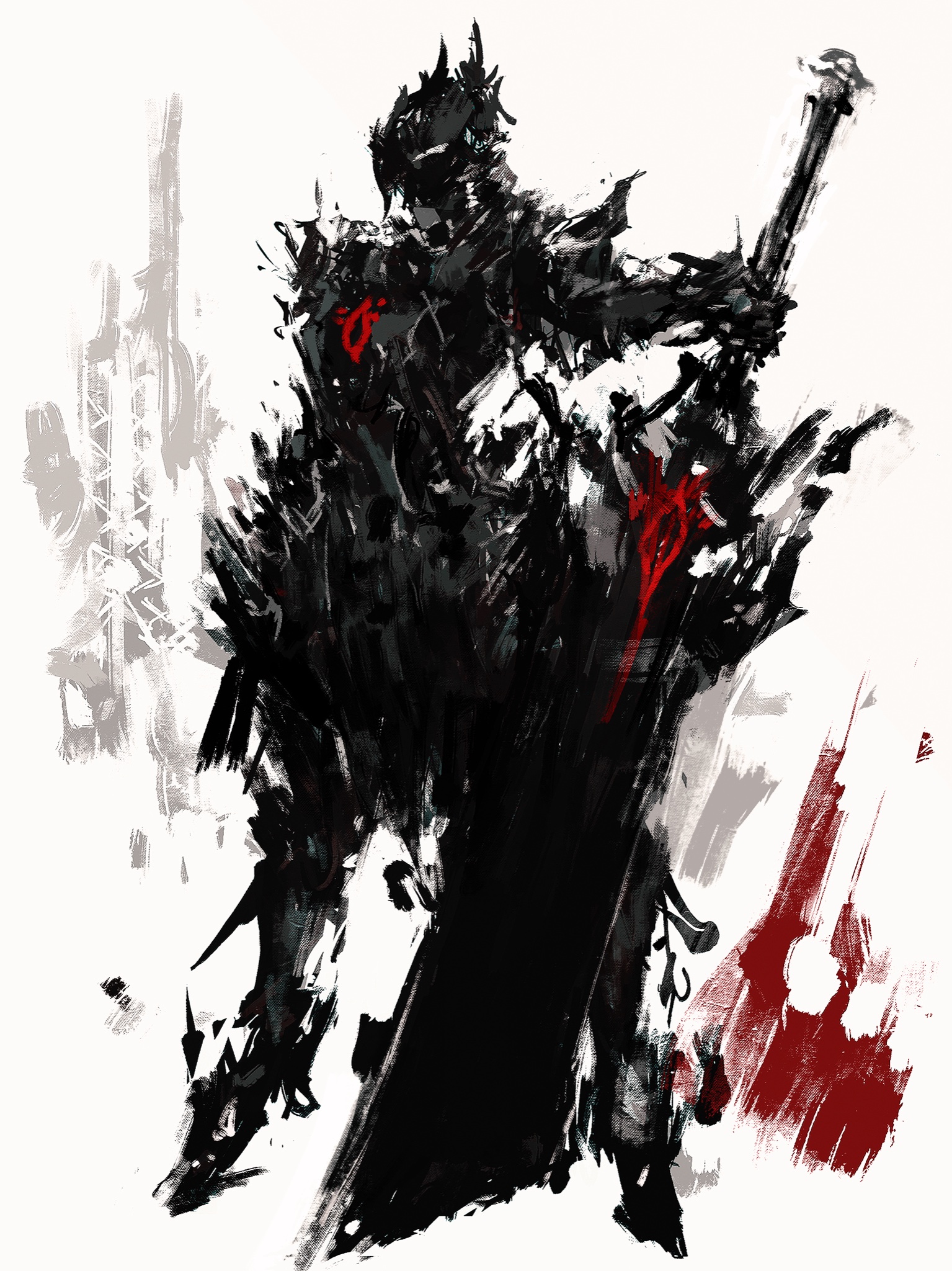 tuda6, dark knight (final fantasy), final fantasy, final fantasy xiv, commentary, english commentary, highres, 1other, armor, black armor, full armor, full body, greatsword, holding, holding sword, holding weapon, huge weapon, standing, sword, weapon, white background