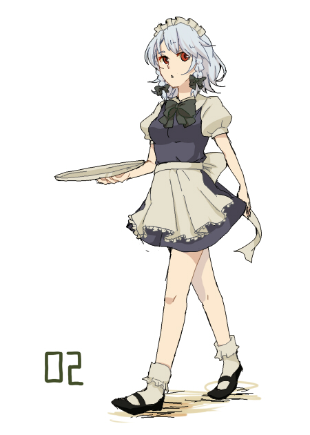 yuki (popopo), izayoi sakuya, touhou, 1girl, braid, female focus, full body, maid, solo, tray, twin braids, white background