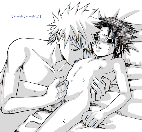 hatake kakashi, uchiha sasuke, naruto (classic), naruto (series), artist request, lowres, 2boys, age difference, blush, censored, cum, handjob, male focus, monochrome, multiple boys, nipples, nude, penis, shota, teacher and student, white background, yaoi