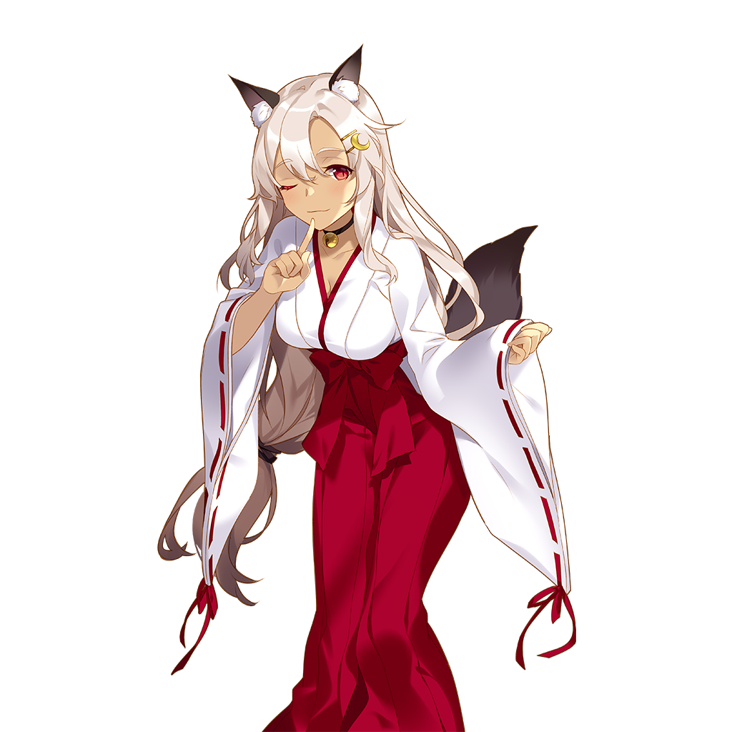 rie (reverie), vivi blacks, uchi no hime-sama ga ichiban kawaii, 1girl, animal ears, black choker, breasts, choker, closed mouth, crescent, crescent hair ornament, dark-skinned female, dark skin, fox ears, fox girl, fox tail, grey hair, hair between eyes, hair ornament, japanese clothes, long hair, medium breasts, miko, one eye closed, red eyes, tail