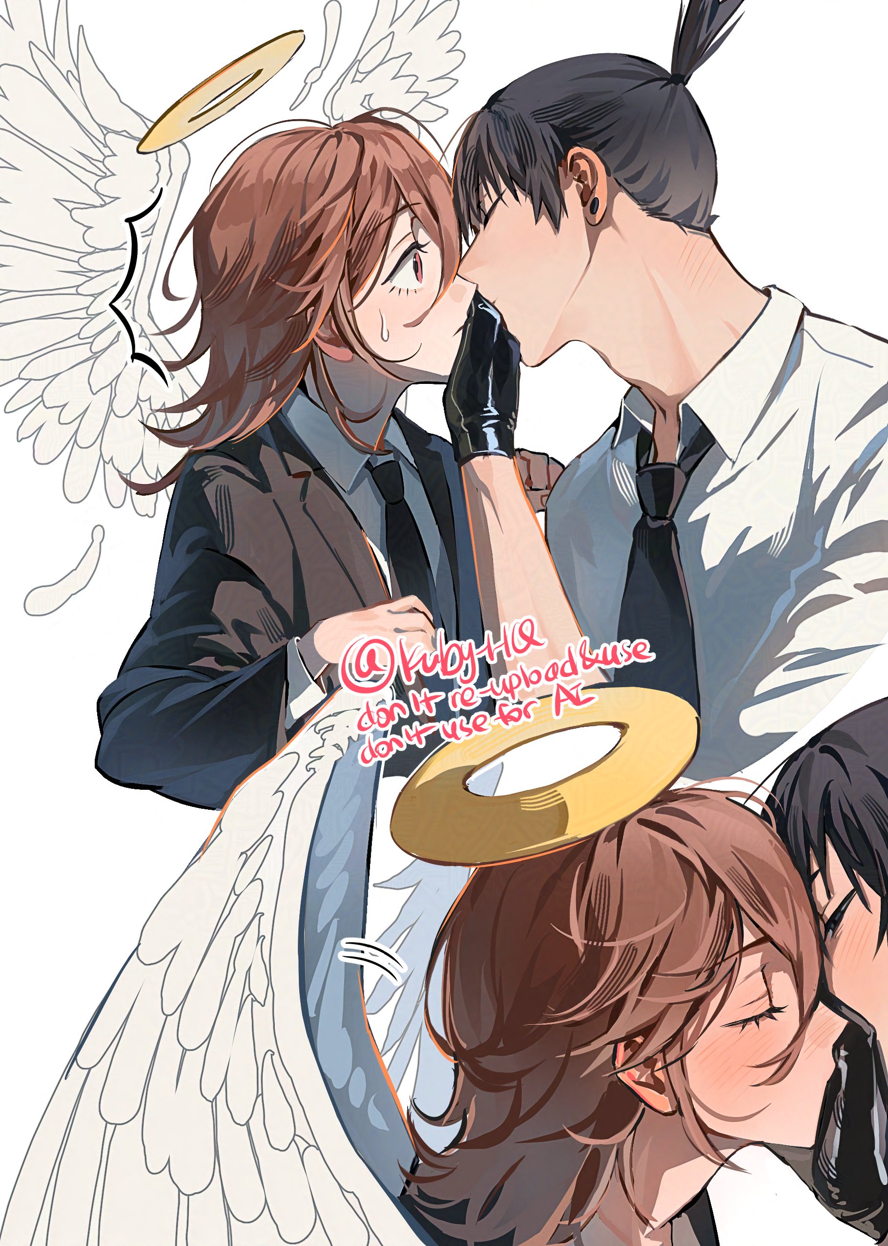kuby hq, angel devil (chainsaw man), hayakawa aki, chainsaw man, absurdres, commentary request, highres, 2boys, angel wings, black gloves, black hair, black jacket, black necktie, blush, closed mouth, collared shirt, covering another's mouth, earrings, feathered wings, formal clothes, from side, gloves, halo, hand over another's mouth, jacket, jewelry, latex, latex gloves, long hair, long sleeves, male focus, multiple boys, multiple views, necktie, shirt, short hair, simple background, suit, suit jacket, topknot, traditional halo, twitter username, upper body, white background, white shirt, white wings, wings, yaoi