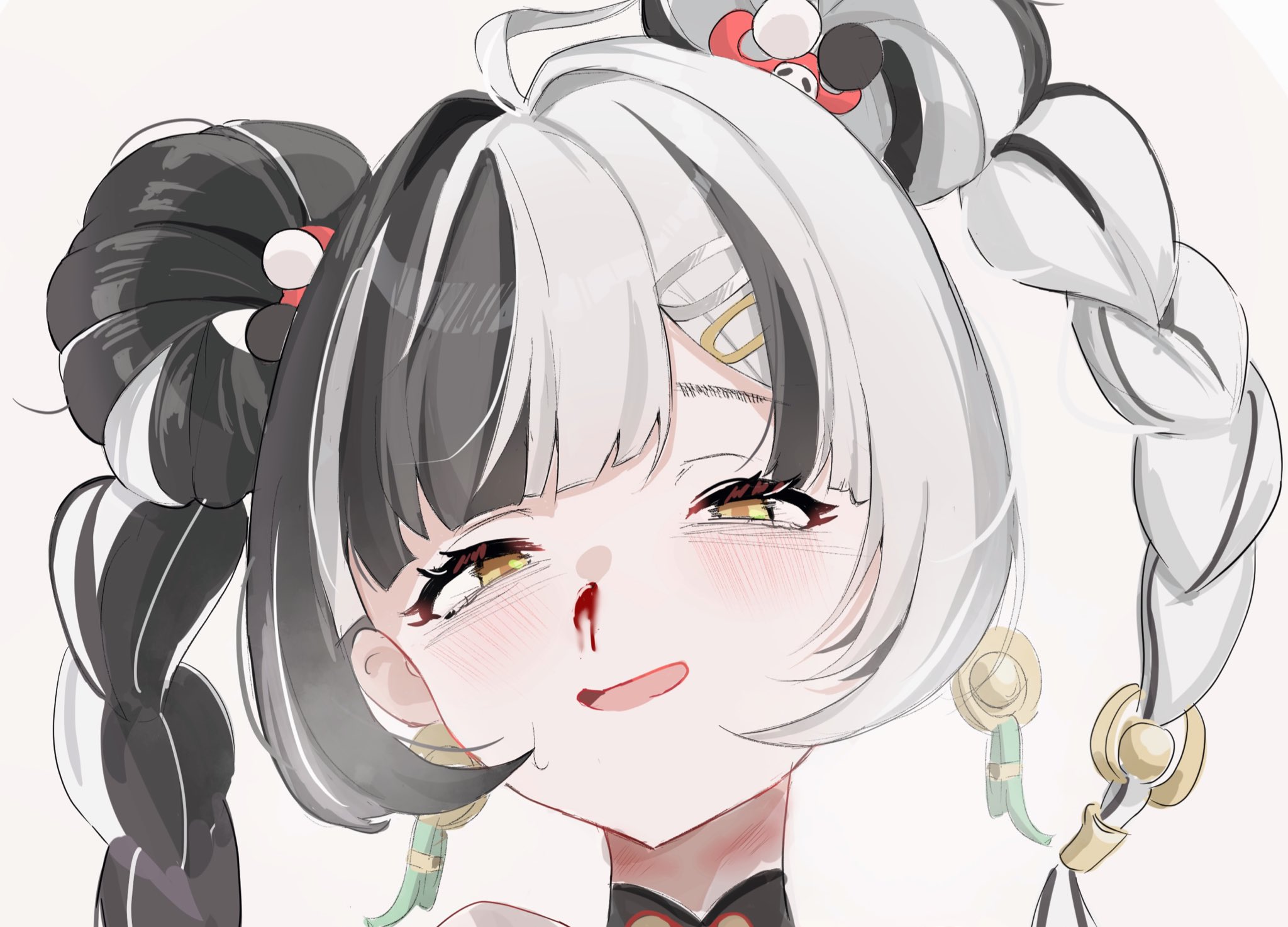 fuiba blue, dialyn (zenless zone zero), zenless zone zero, highres, 1girl, bare shoulders, black hair, blood, braid, chinese clothes, detached sleeves, earrings, hair ornament, jewelry, long hair, looking at viewer, multicolored hair, nosebleed, open mouth, solo, split-color hair, twin braids, white background, white hair, yellow eyes