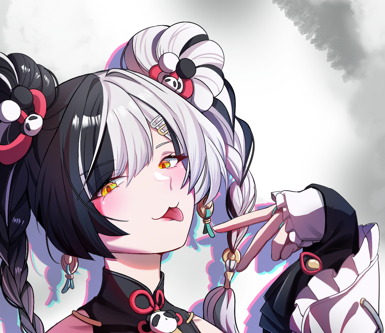 fuiba blue, nebura nekoshima, dialyn (zenless zone zero), zenless zone zero, 1girl, bare shoulders, black hair, braid, chinese clothes, detached sleeves, earrings, hair ornament, jewelry, long hair, looking at viewer, multicolored hair, open mouth, solo, split-color hair, twin braids, v, white hair, yellow eyes