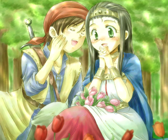 hero (dq8), medea (dq8), dragon quest, dragon quest viii, square enix, blush, bracer, circlet, flower, forest, green eyes, nature, princess, sword, sword on back, tree, weapon on back