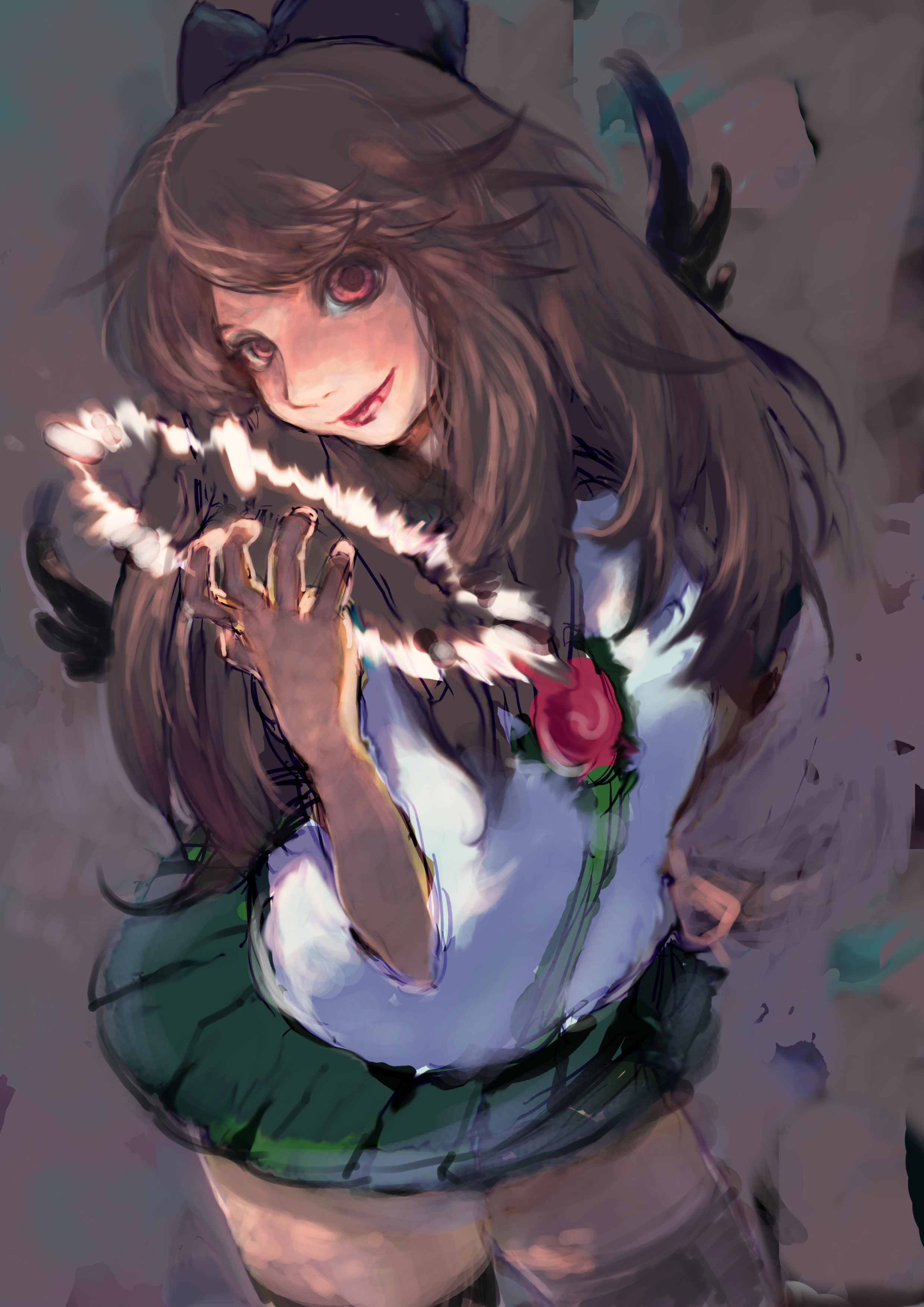 peg (pixiv85249), pegu, reiuji utsuho, touhou, absurdres, bad id, bad pixiv id, highres, 1girl, brown hair, female focus, long hair, red eyes, skirt, solo, wings