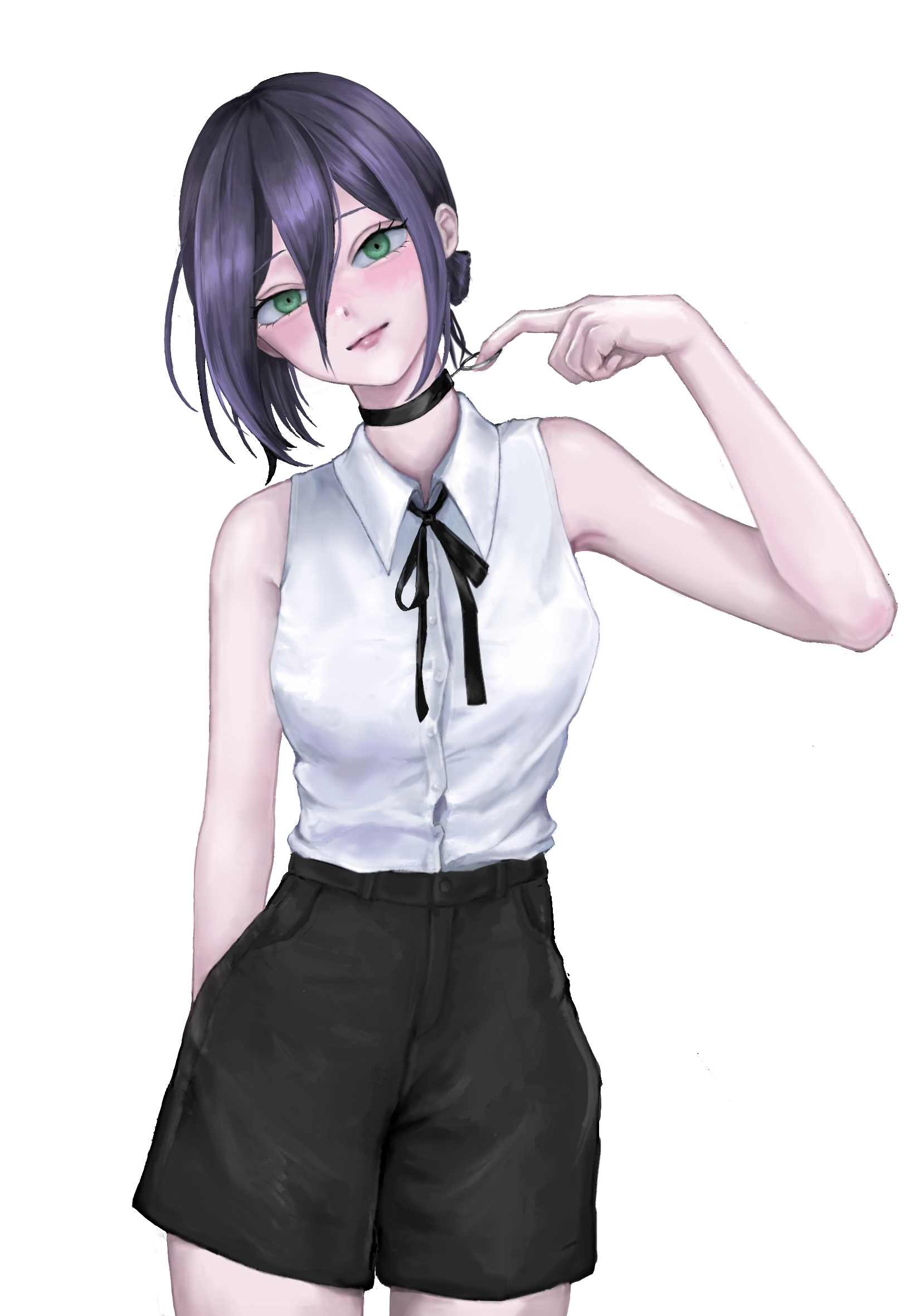reze (chainsaw man), chainsaw man, highres, 1girl, black hair, black ribbon, black shorts, closed mouth, collared shirt, green eyes, hair between eyes, hair bun, ima 63971, looking at viewer, neck ribbon, ribbon, shirt, shirt tucked in, shorts, simple background, sleeveless, sleeveless shirt, solo, white background, white shirt