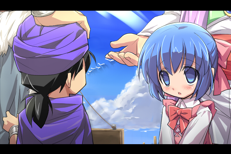 eeeeee, flora (dq5), hero (dq5), dragon quest, dragon quest v, bad id, bad pixiv id, 1boy, 1girl, aged down, blue eyes, blue hair, blush, bow, child, cloud, day, letterboxed, pink bow, short hair, sky