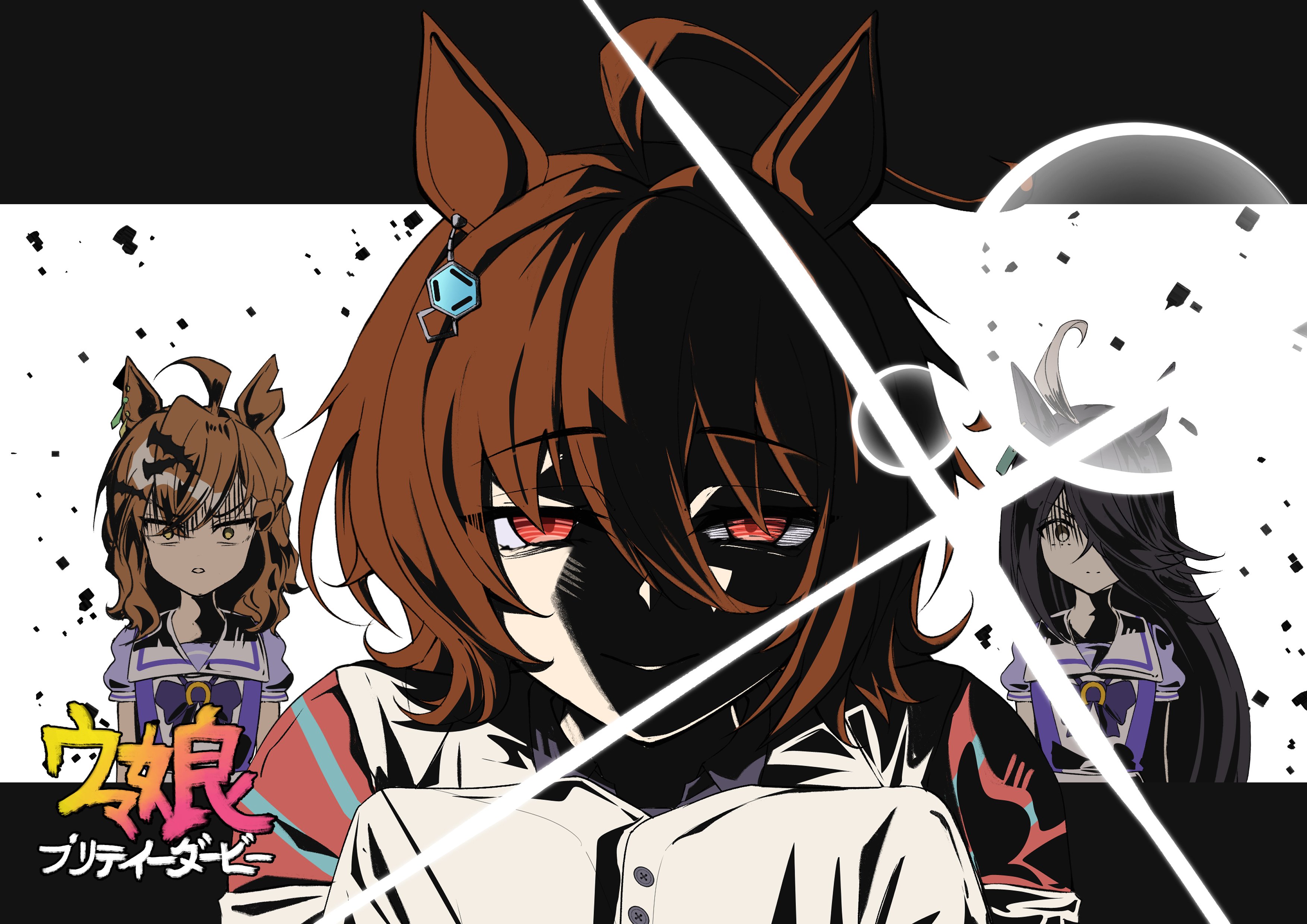 agnes tachyon (tach-nology) (umamusume), agnes tachyon (umamusume), jungle pocket (umamusume), manhattan cafe (umamusume), umamusume, absurdres, commentary, highres, 3girls, ahoge, animal ears, black hair, bow, brown eyes, brown hair, gabu gabugabuga, hair between eyes, hair over one eye, horse ears, lab coat, long hair, long sleeves, multiple girls, parted lips, puffy short sleeves, puffy sleeves, purple bow, purple shirt, red eyes, school uniform, shirt, short sleeves, sleeves past fingers, sleeves past wrists, tracen school uniform, ttgl eyecatch, turn pale, upper body