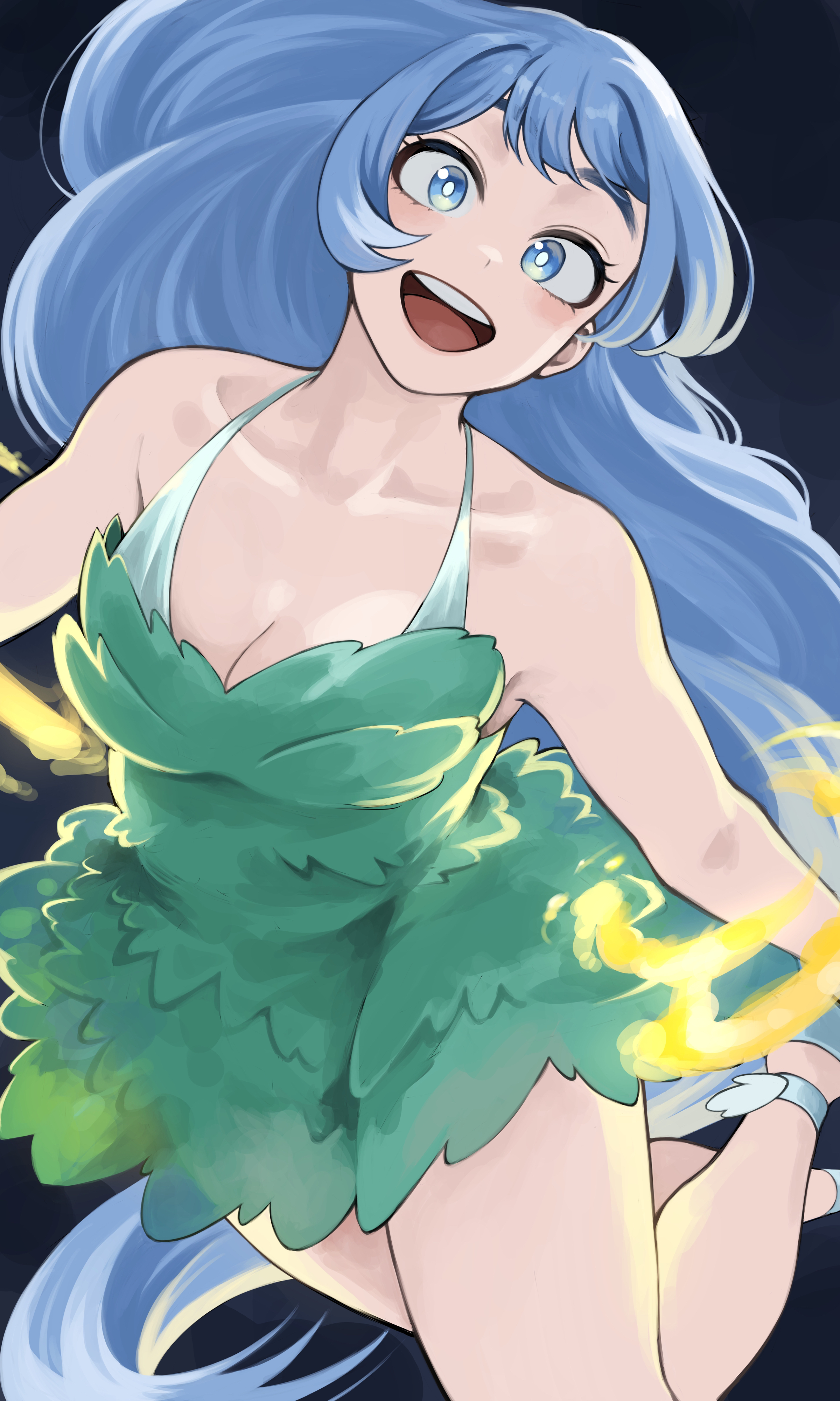 fengling (furin-jp), hado nejire, boku no hero academia, absurdres, highres, 1girl, :d, absurdly long hair, bare shoulders, blue eyes, breasts, cleavage, collarbone, dress, energy, green dress, long hair, looking at viewer, medium breasts, open mouth, short dress, sleeveless, sleeveless dress, smile, solo, very long hair