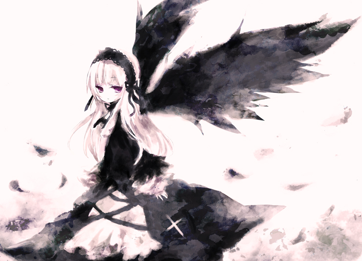 shichi, suigintou, rozen maiden, silver hair, bad id, bad pixiv id, 00s, black wings, dress, feathers, hairband, purple eyes, solo, wings
