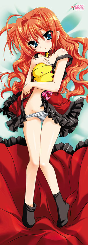 kanna (plum), vita (nanoha), lyrical nanoha, mahou shoujo lyrical nanoha, mahou shoujo lyrical nanoha a's, 00s, 1girl, ahoge, blue eyes, dakimakura (medium), female focus, full body, loli, long hair, panties, panty pull, red hair, socks, solo, strap slip, striped clothes, striped panties, underwear