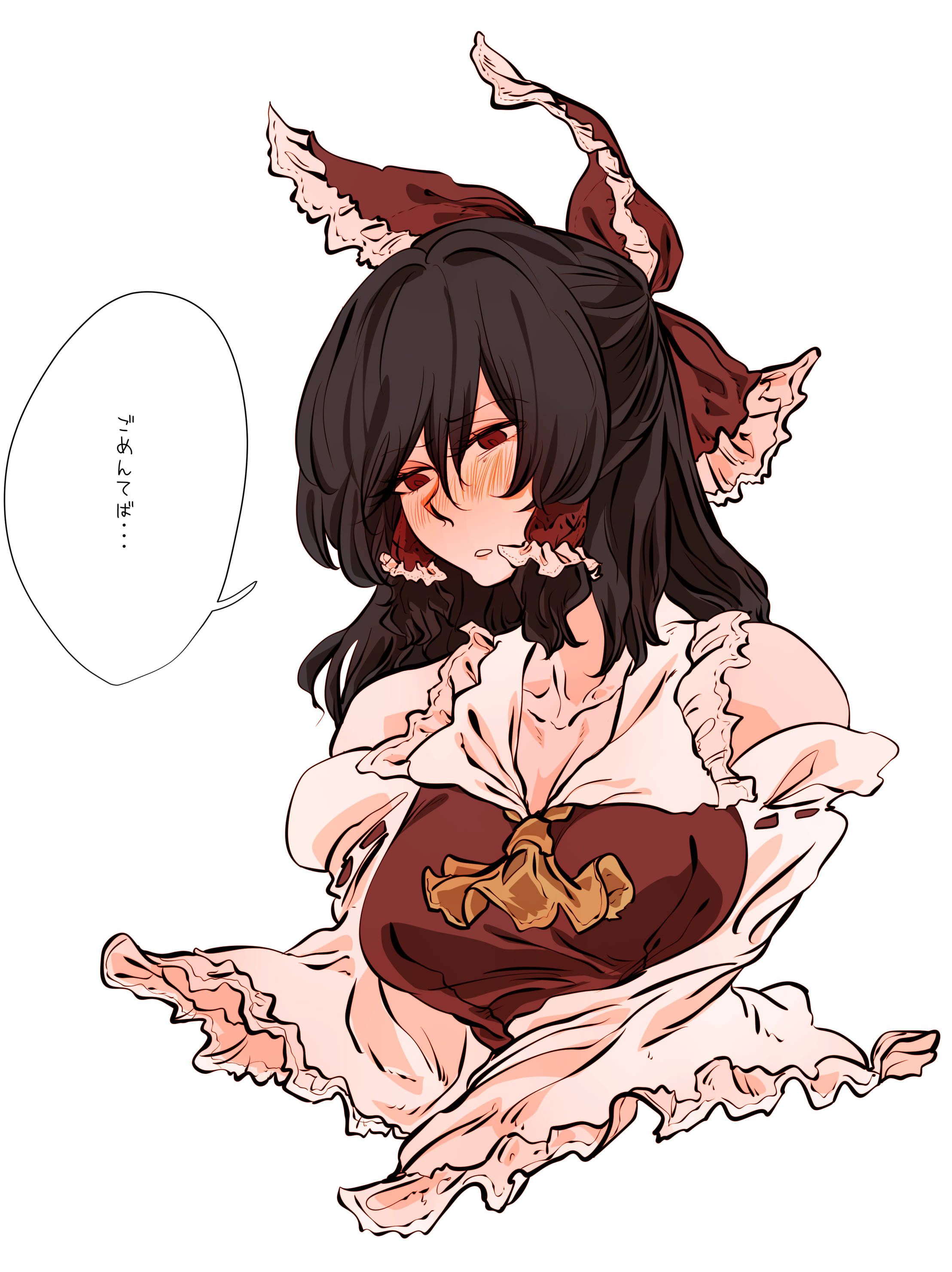 kyanduru, hakurei reimu, touhou, absurdres, highres, translation request, 1girl, ascot, bare shoulders, black hair, bow, breasts, detached sleeves, hair between eyes, hair bow, hair tubes, long sleeves, medium breasts, medium hair, red bow, red shirt, shirt, simple background, sleeveless, sleeveless shirt, solo, speech bubble, white background, yellow ascot