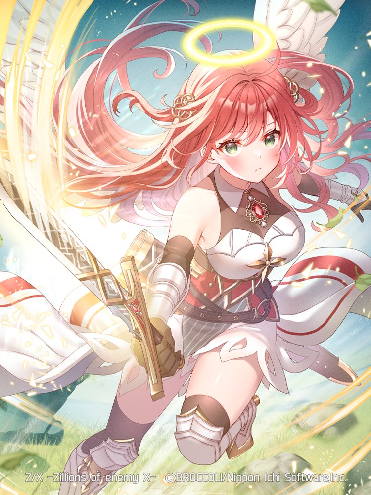 serino itsuki, z/x, 1girl, ange (z/x), armored boots, black gloves, black thighhighs, boots, breasts, closed mouth, dress, feathered wings, gloves, green eyes, hair between eyes, hair ornament, halo, holding, holding sword, holding weapon, large breasts, long hair, off shoulder, outdoors, red hair, see-through cleavage, see-through clothes, sheath, solo, sword, thighhighs, traditional halo, unsheathed, vambraces, weapon, white dress, white wings, wings