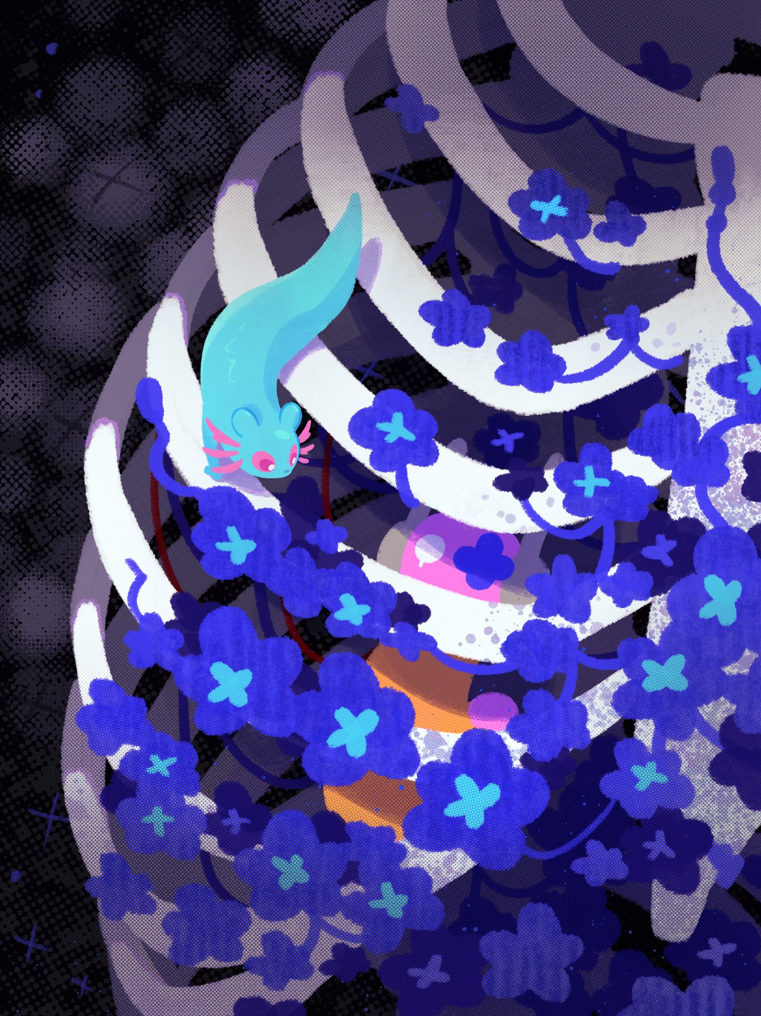 beco (100me), five pebbles, iterator (rain world), rivulet (rain world), slugcat, rain world, chinese commentary, commentary request, highres, axolotl ears, blue skin, bone, colored sclera, colored skin, creature, giant skeleton, grey background, no humans, pink eyes, pink sclera, ribs, robot, rot (rain world)