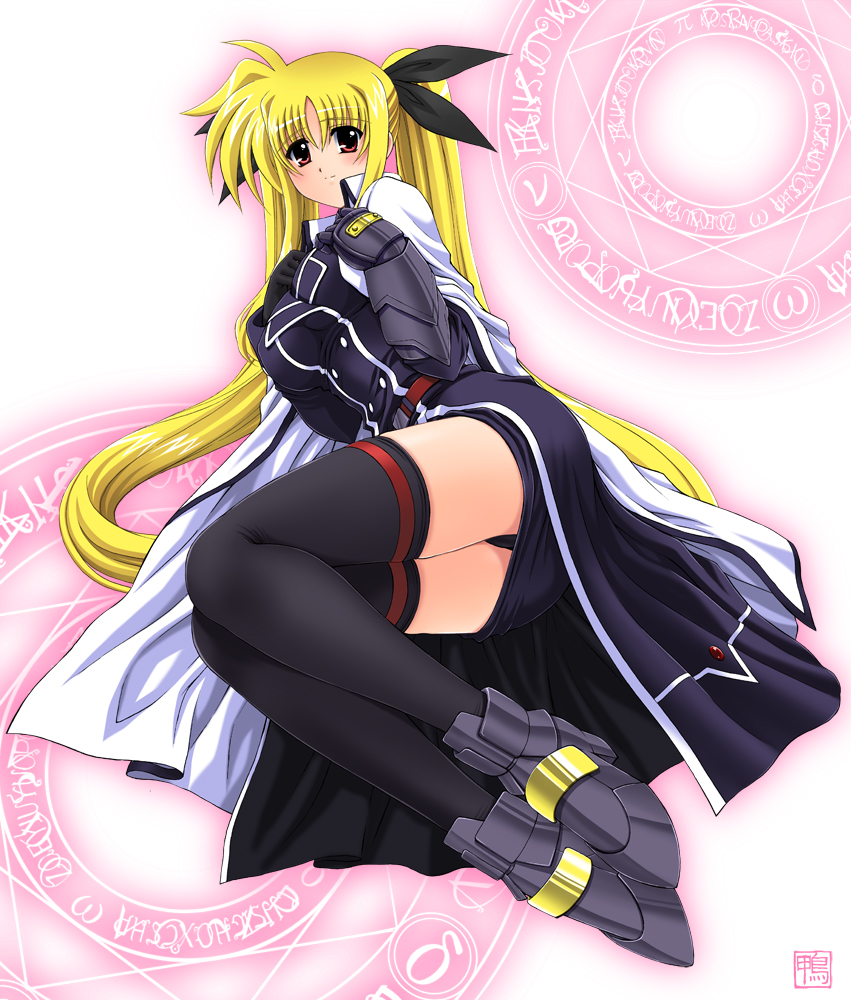 kamogawa tanuki, fate testarossa, fate testarossa (impulse form), lyrical nanoha, mahou shoujo lyrical nanoha, mahou shoujo lyrical nanoha strikers, 00s, 1girl, ass, black thighhighs, blonde hair, blush, breasts, cape, female focus, gauntlets, hair ribbon, large breasts, long hair, magic circle, octagram, red eyes, ribbon, skirt, solo, thighhighs, twintails, zettai ryouiki