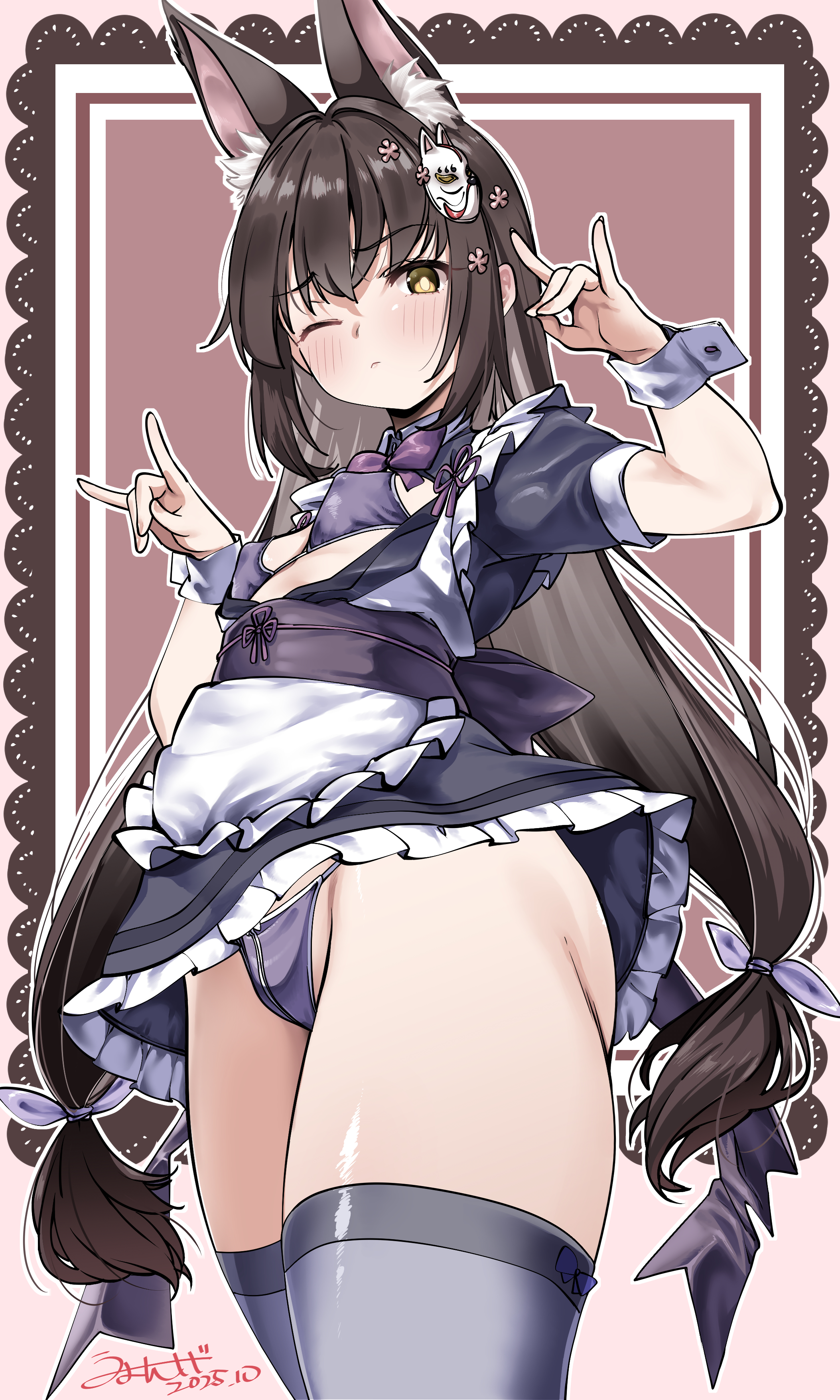 umyonge (lkakeu), nagato (azur lane), azur lane, absurdres, commentary, highres, 1girl, animal ears, apron, bikini, bikini under clothes, black bikini, black dress, blush, bow, bowtie, breasts, brown hair, dress, fox ears, fox shadow puppet, grey thighhighs, hair ornament, hairclip, japanese clothes, looking at viewer, maid, obi, one eye closed, open clothes, purple bow, purple bowtie, sash, shorts, small breasts, solo, swimsuit, thighhighs, twintails, wa maid, waist apron, wrist cuffs, yellow eyes