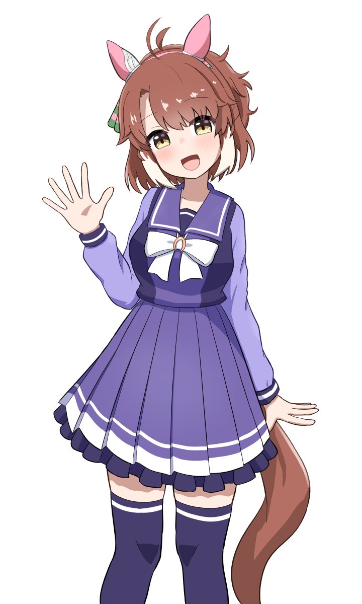 shein, dantsu flame (umamusume), umamusume, highres, 1girl, ahoge, animal ears, blush, bow, bowtie, breasts, brown eyes, brown hair, checkered ribbon, collarbone, ear covers, ear ribbon, hair between eyes, horse ears, horse girl, horse tail, large breasts, long sleeves, looking at viewer, multicolored hair, open mouth, purple sailor collar, purple serafuku, purple shirt, purple skirt, purple thighhighs, sailor collar, sailor shirt, school uniform, serafuku, shirt, simple background, skirt, smile, solo, tail, thighhighs, tracen school uniform, waving, white background, white bow, white bowtie, white hair, zettai ryouiki