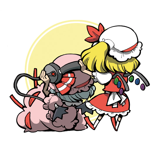 hounori, flandre scarlet, remilia scarlet, touhou, 2girls, bat wings, female focus, hat, headphones, mob cap, multiple girls, siblings, sisters, wings