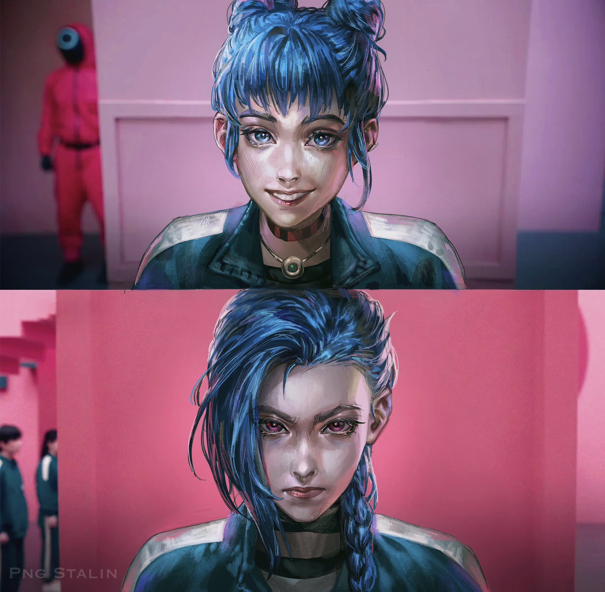 arcane jinx, jinx (league of legends), powder (arcane), arcane: league of legends, league of legends, squid game, commentary, english commentary, highres, 2girls, :d, age progression, before and after, blue eyes, blue hair, blunt bangs, braid, double bun, dual persona, green track suit, grin, hair bun, jewelry, looking at viewer, multiple girls, necklace, open mouth, parody, png stalin, portrait, red eyes, screenshot inset, serious, smile, sparkling eyes, straight-on, striped clothes, swept bangs, track suit