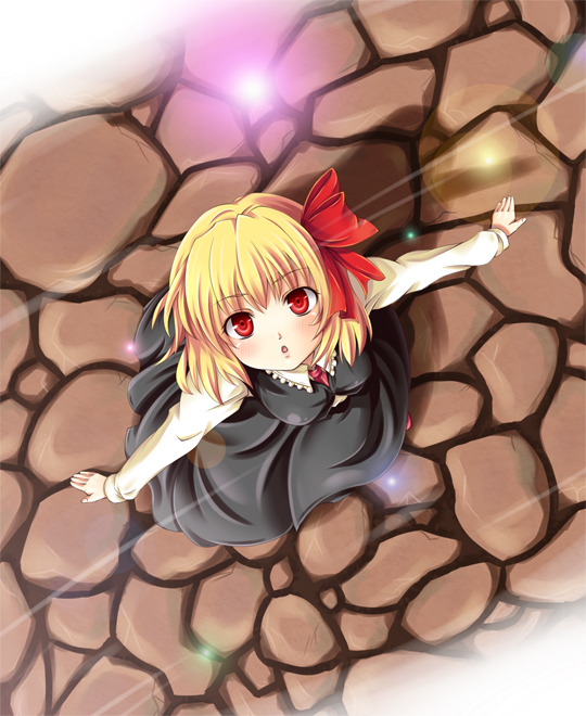 mochi.f, rumia, embodiment of scarlet devil, touhou, bad id, bad pixiv id, 1girl, :o, blonde hair, bow, breasts, female focus, from above, glowing, hair bow, hair ribbon, looking up, medium breasts, open mouth, outstretched arms, red eyes, ribbon, short hair, solo, spread arms
