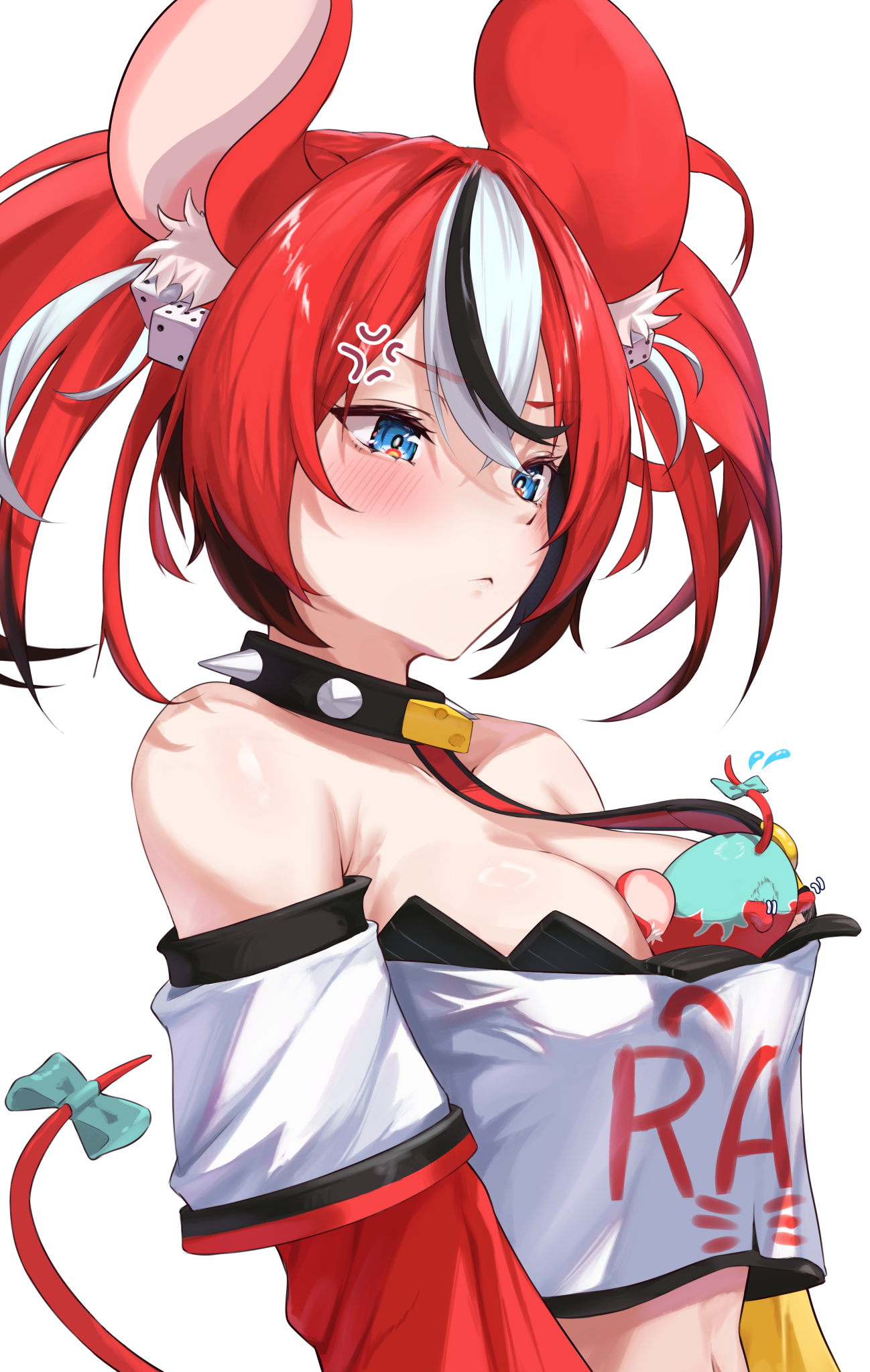ilie ilie, hakos baelz, hakos baelz (1st costume), hololive, hololive english, commentary request, highres, 1girl, anger vein, animal between breasts, animal ear fluff, animal ears, bare shoulders, between breasts, black collar, black hair, blue eyes, blush, bow, breasts, cleavage, closed mouth, collar, colored tips, crossed bangs, dice hair ornament, double-parted bangs, hair between eyes, hair ornament, layered sleeves, long sleeves, medium breasts, mouse ears, mouse girl, mouse tail, multicolored hair, off-shoulder shirt, off shoulder, red hair, shirt, short over long sleeves, short sleeves, simple background, solo, spiked collar, spikes, strapless, strapless shirt, streaked hair, tail, tail bow, tail ornament, virtual youtuber, white background, white hair, white shirt